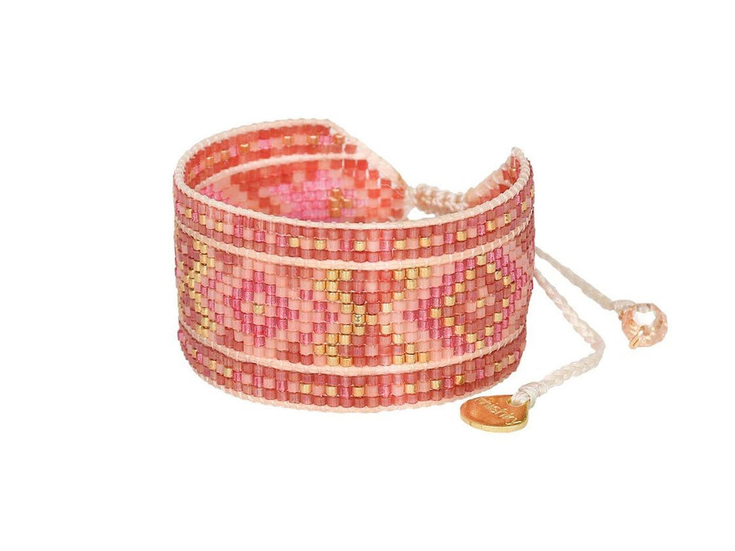 Wide Coral, Pink, and Gold Beaded Diamond Adjustable Bracelet