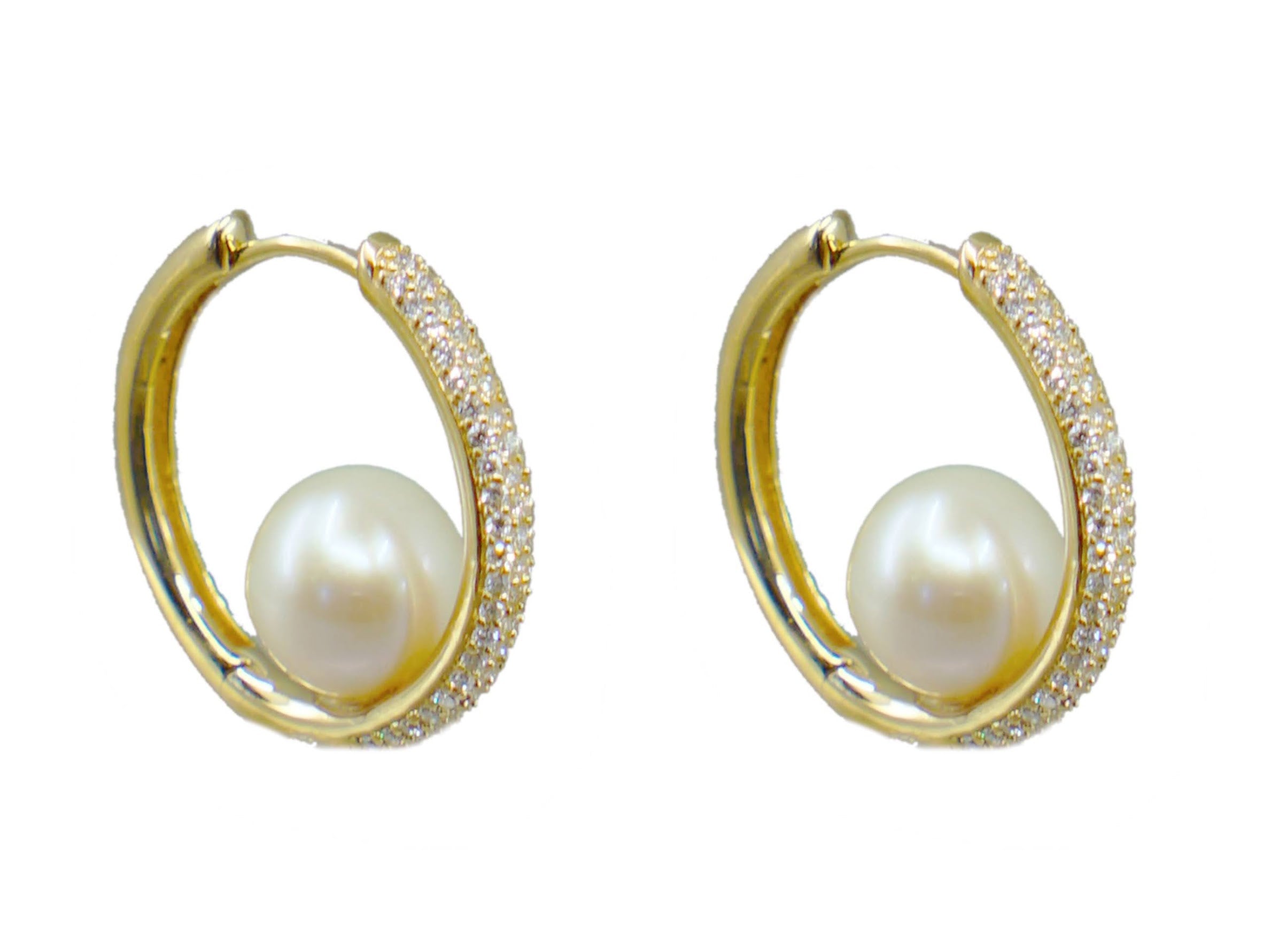 14k Freshwater Pearl Hoops with Diamonds