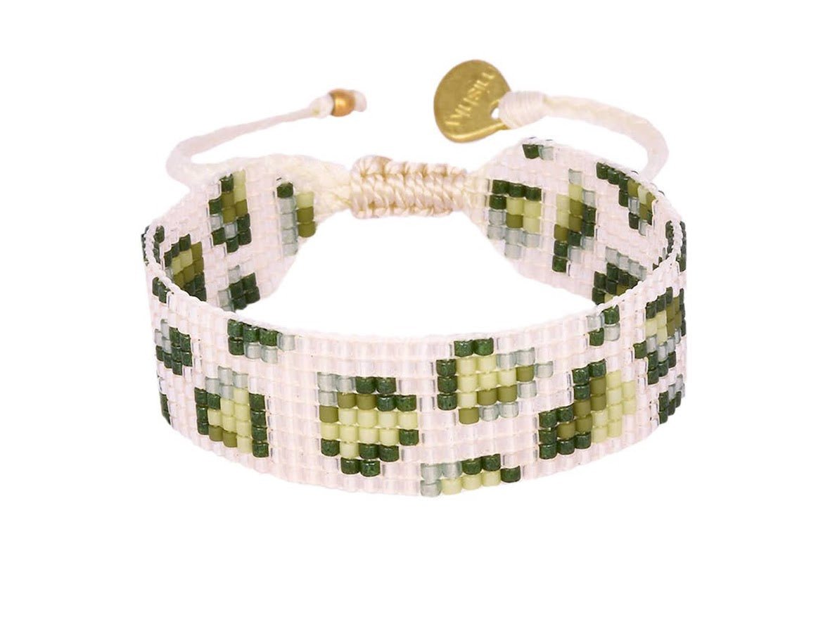 Slim White, Green, and Olive Panther Beaded Bracelet.
