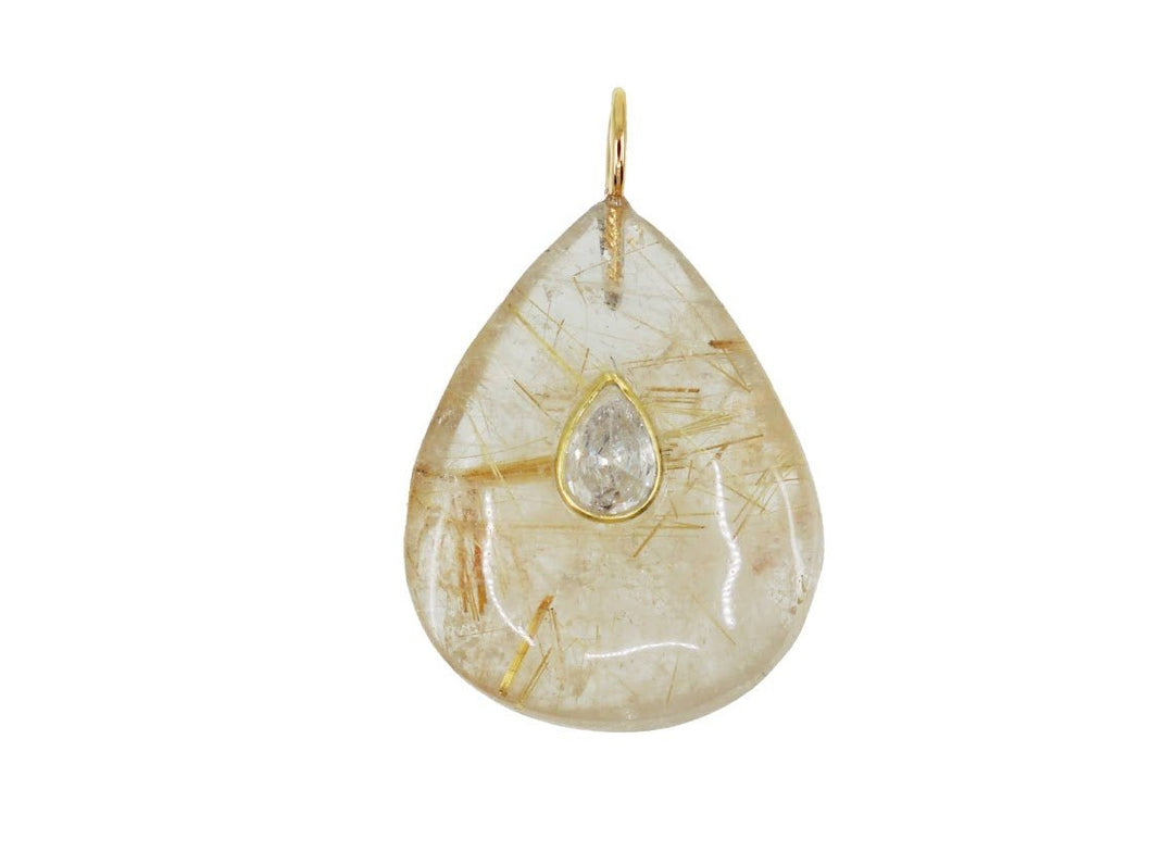 Golden Rutilated Quartz Charm with Pear-Shaped White Topaz