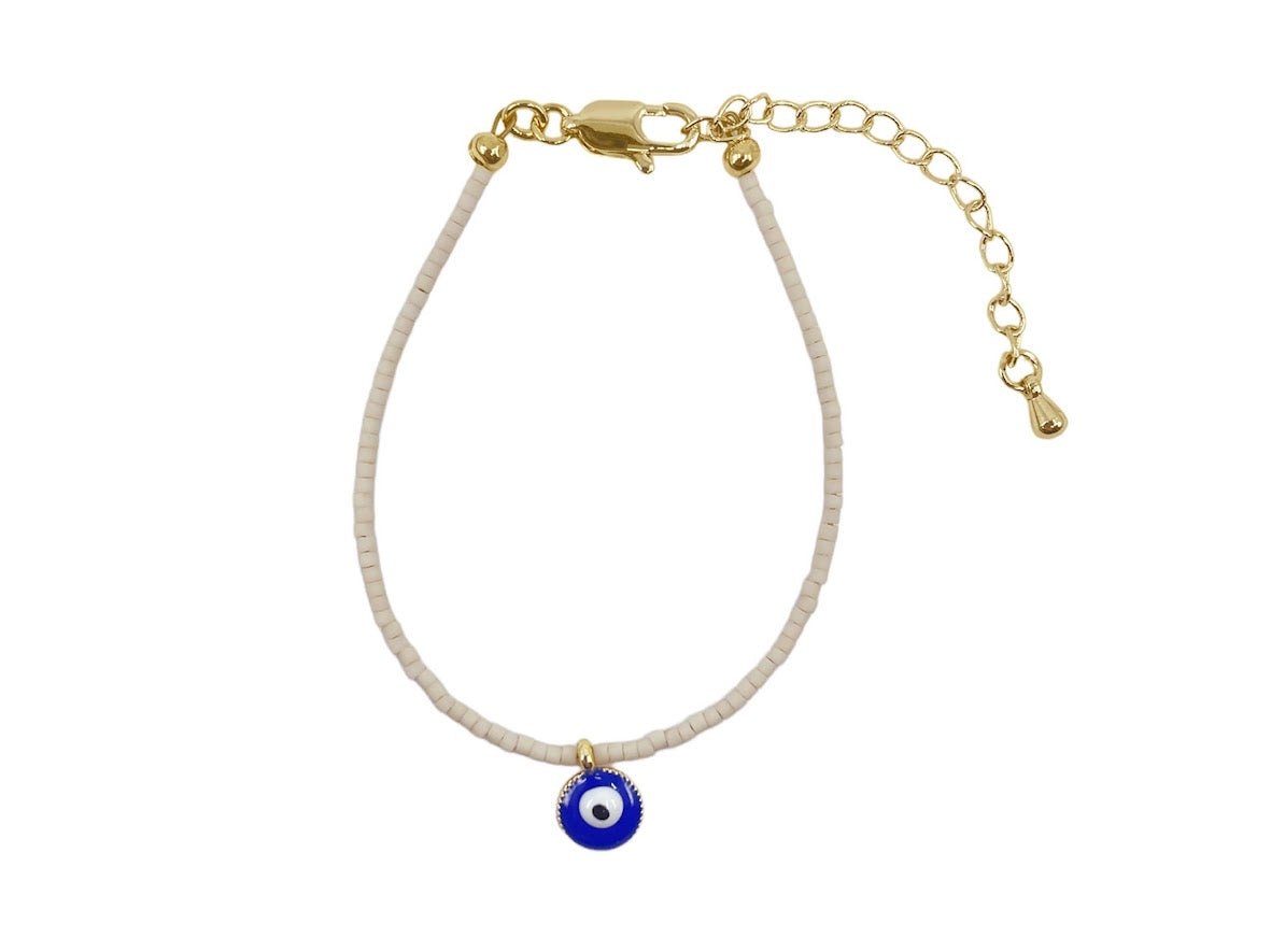 Cream Seed Bead Bracelet with Evil Eye