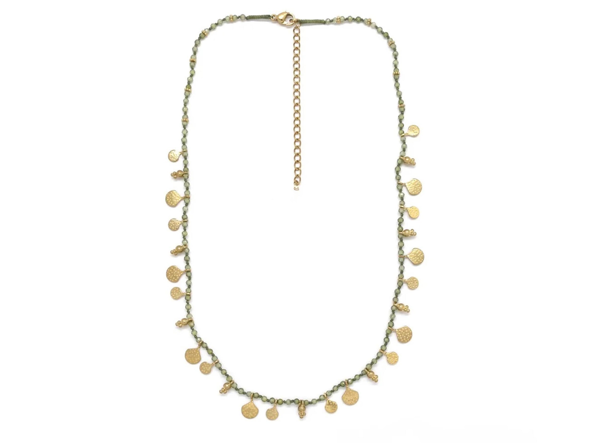 Green Zirconium Necklace with Multiple Gold Charms