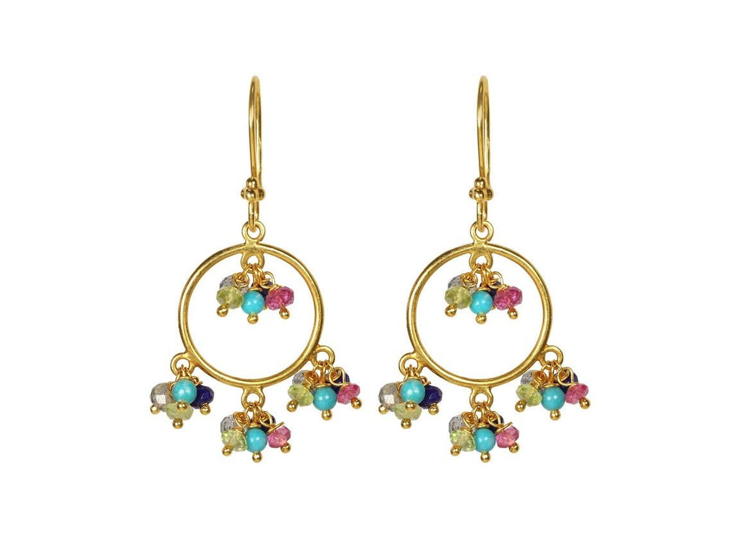18k Circle Chandelier Earrings with Multicolored Gemstones