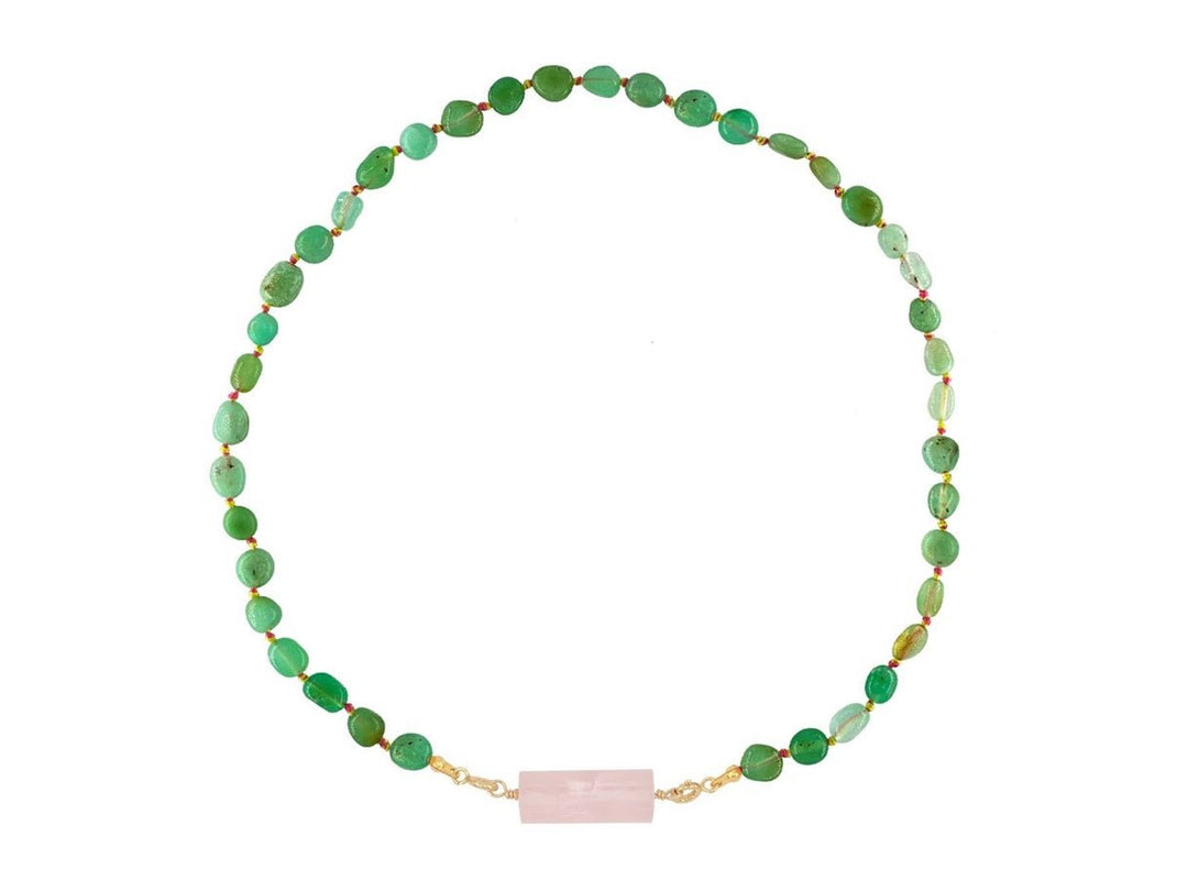 Oval Chrysoprase Bead Necklace with Pink Quartz Column