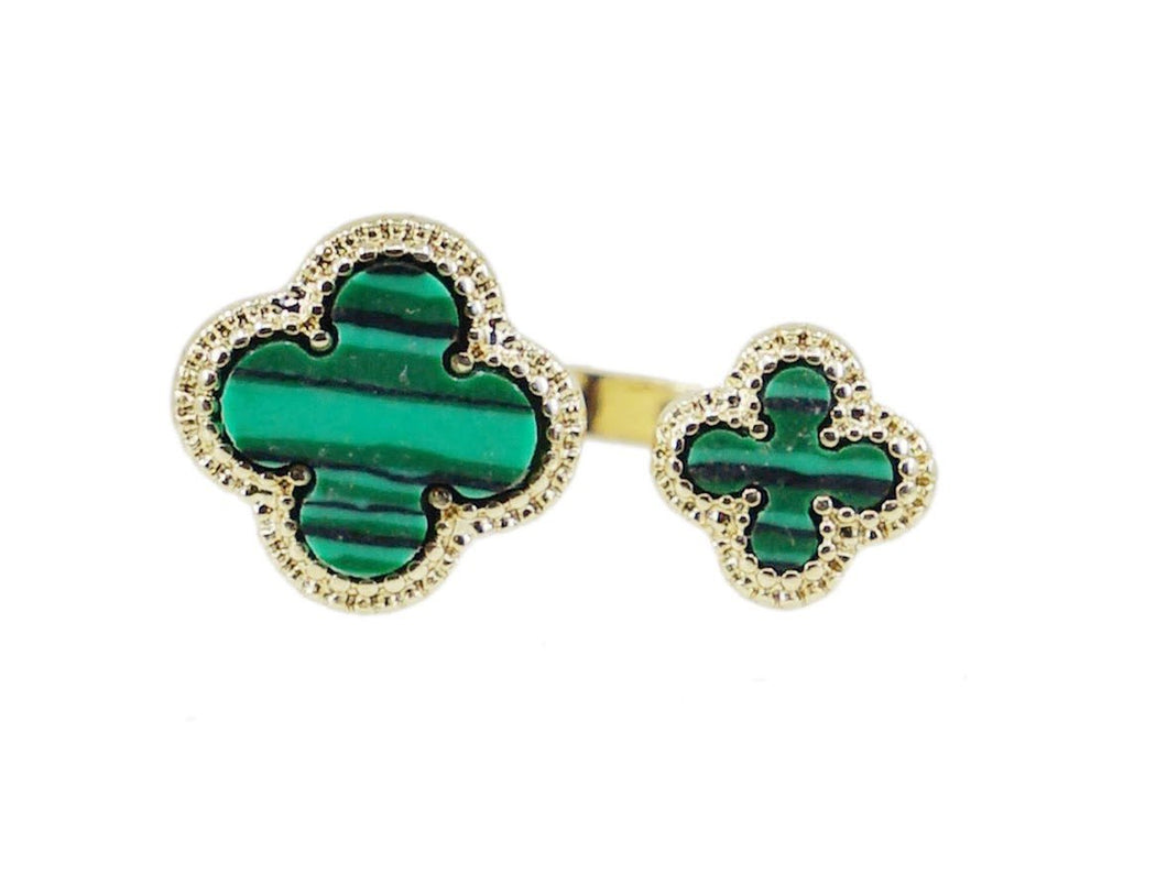 Double Faux Malachite Clover Adjustable Ring with CZs