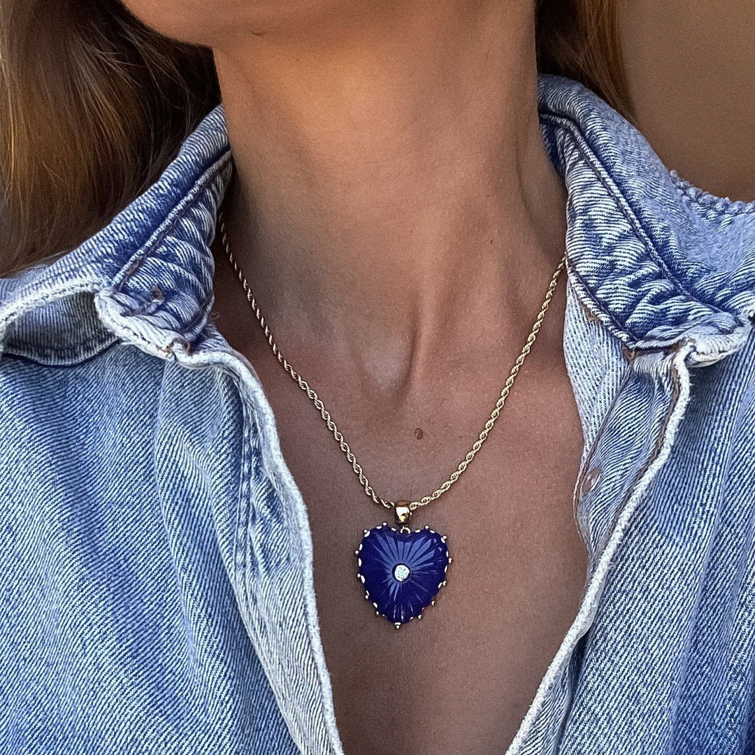 Lapis Heart Rope Necklace with CZ