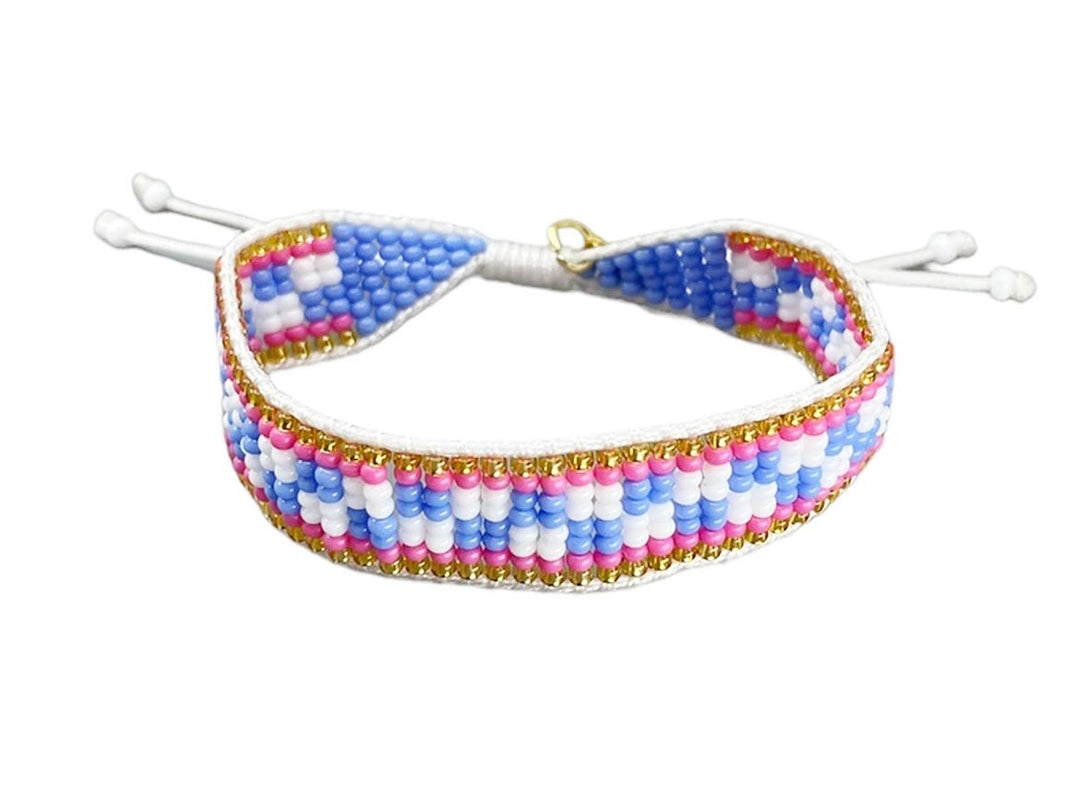 Blue, White, Pink, and Gold Beaded Checkerboard Bracelet