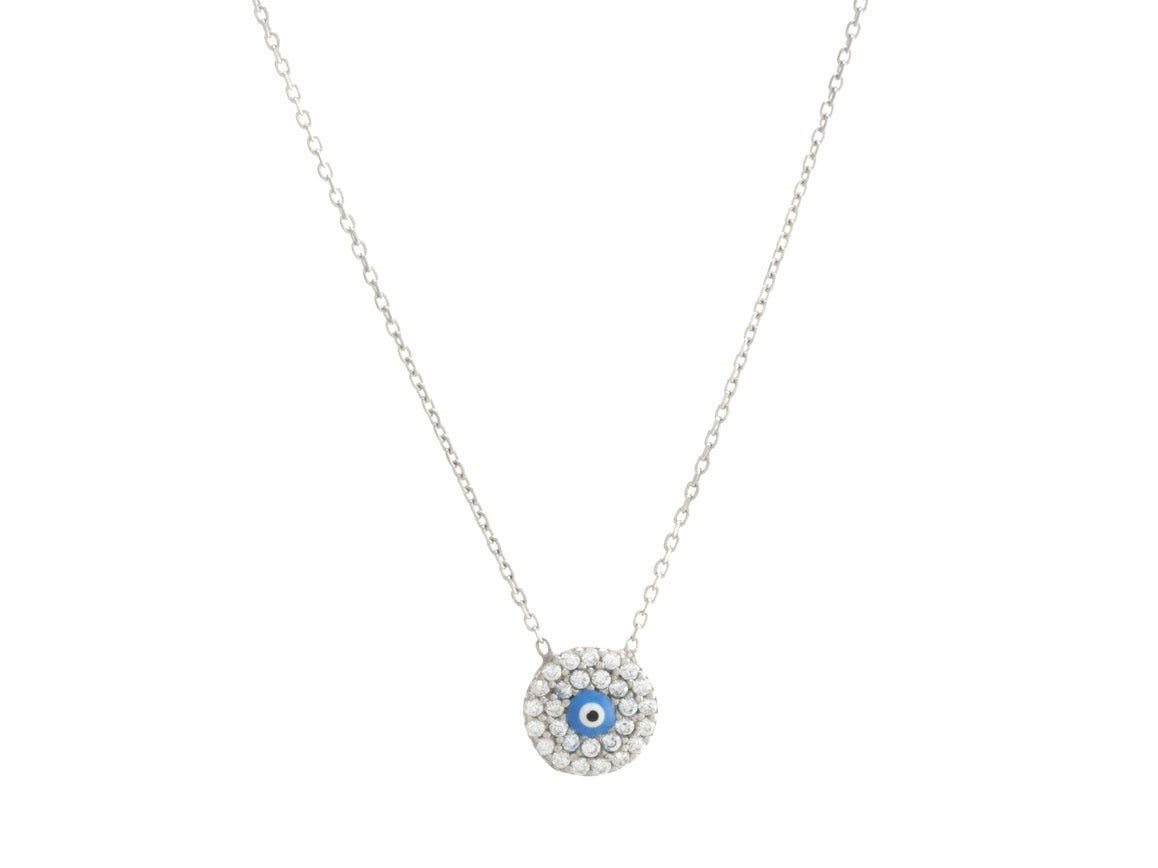 Silver Round Evil Eye Necklace with CZs