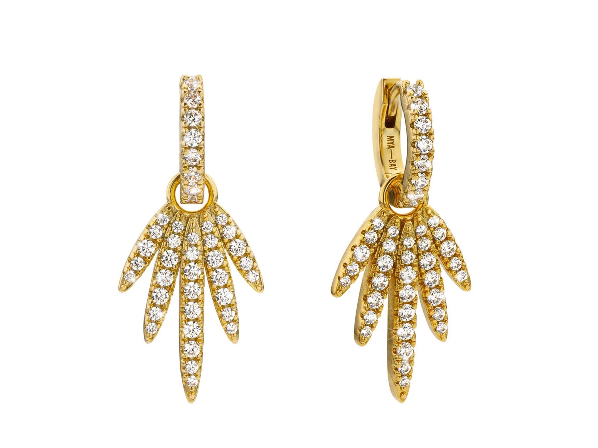 Gold CZ Huggie Hoops with Half Sunburst CZ Charms