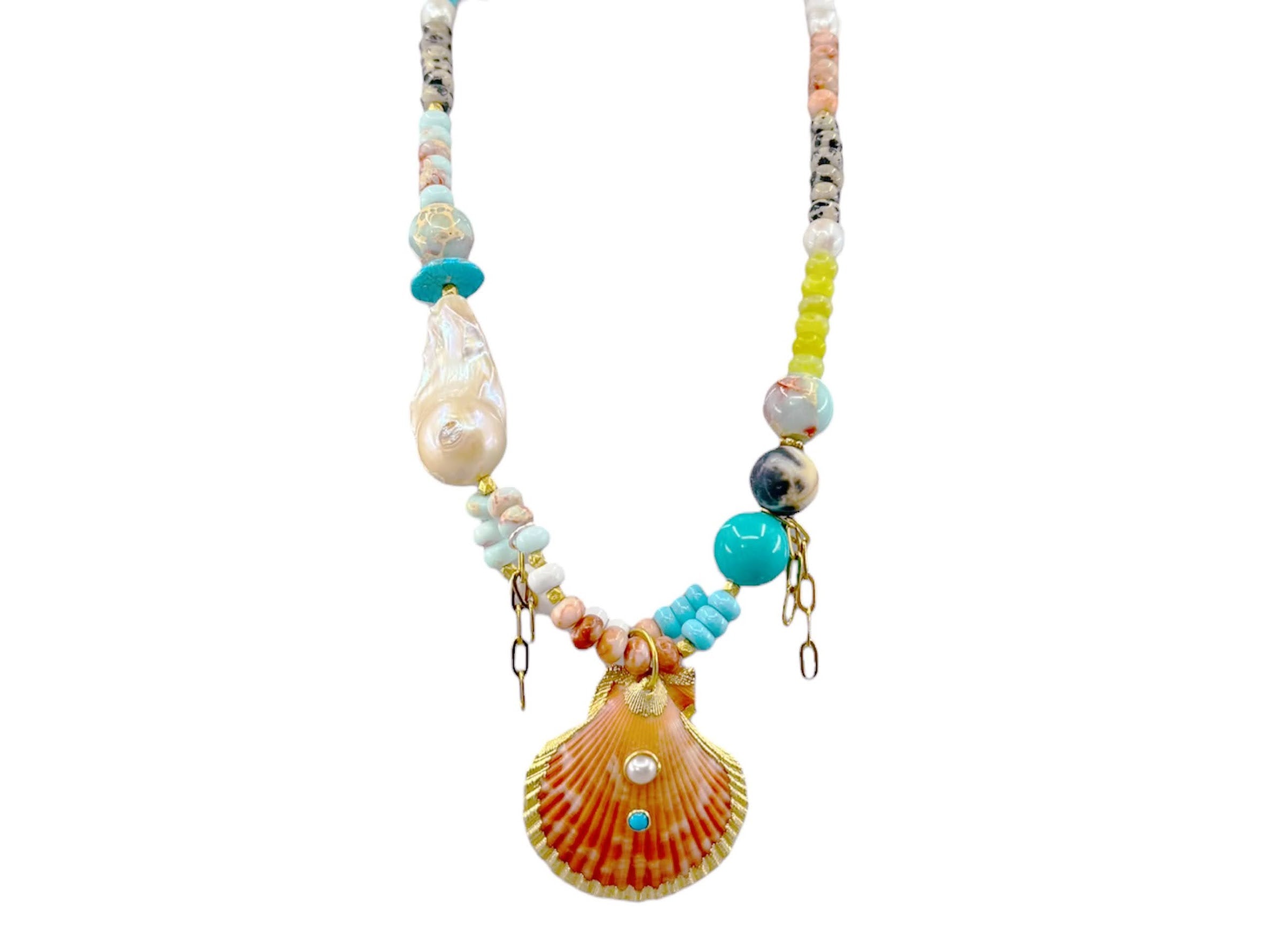 Mixed Gemstone and Pearl Necklace with Shell Charm