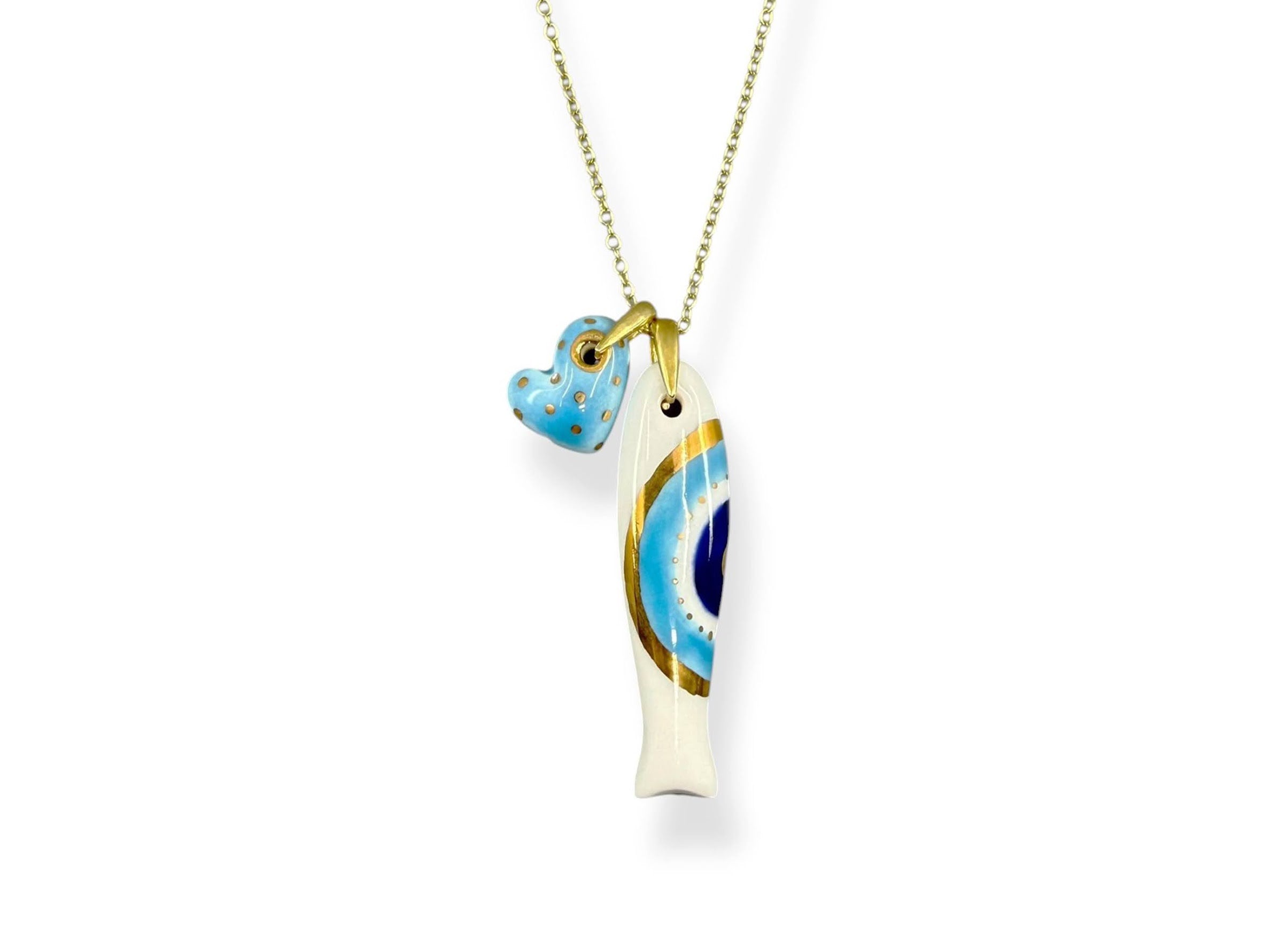Porcelain Sardine Evil Eye Charm with Heart Charm Necklace