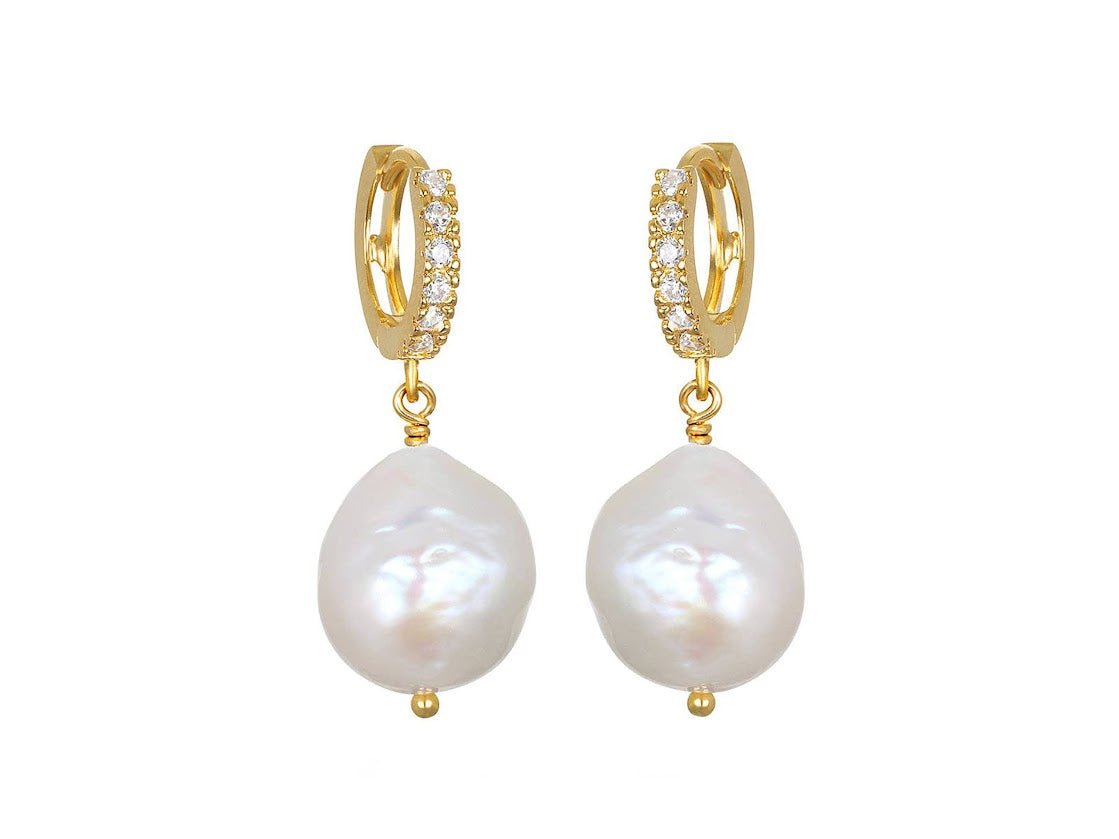 Baroque Pearl Huggies with CZs