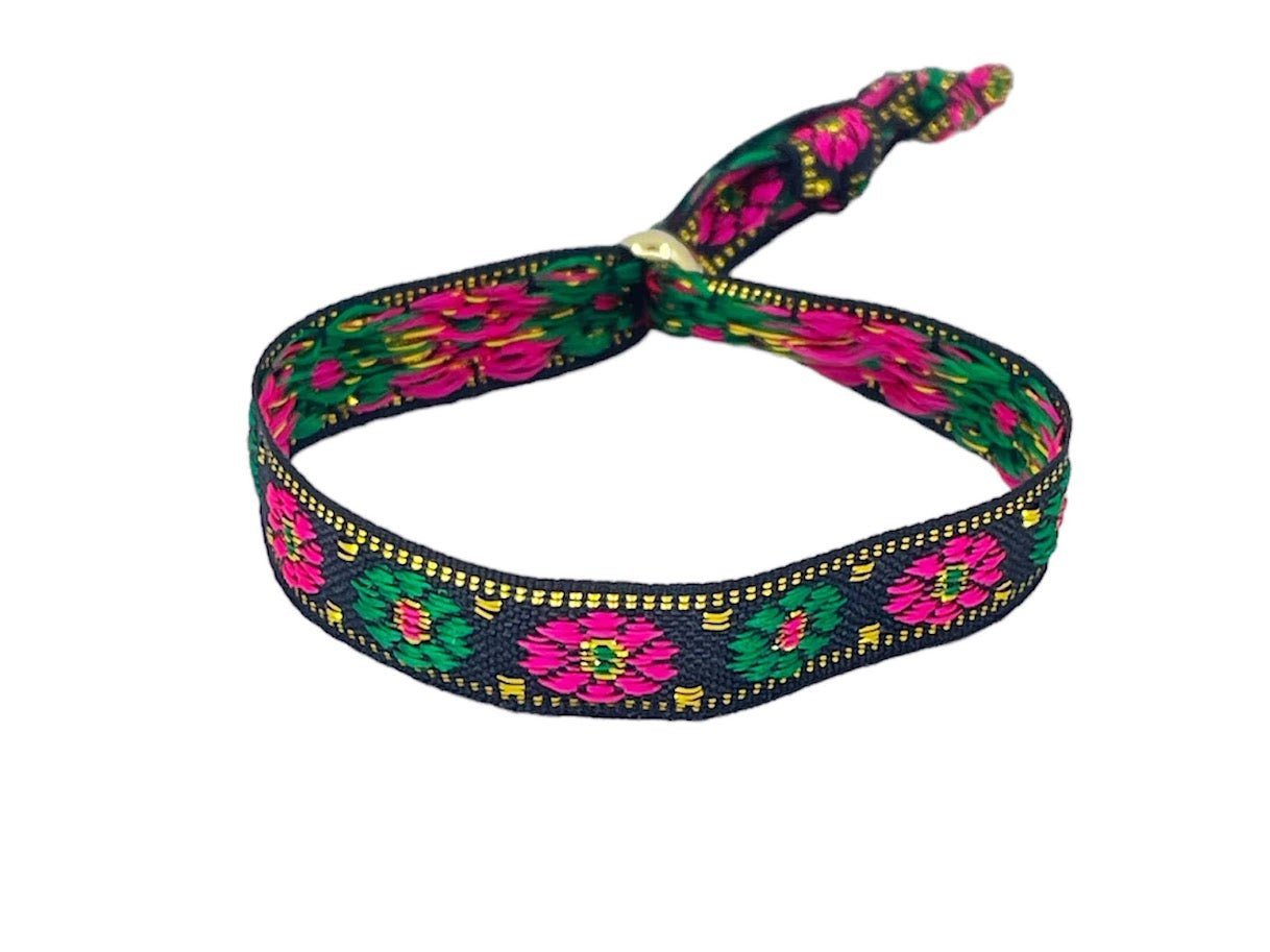 Black, Pink, and Green Floral Bracelet.