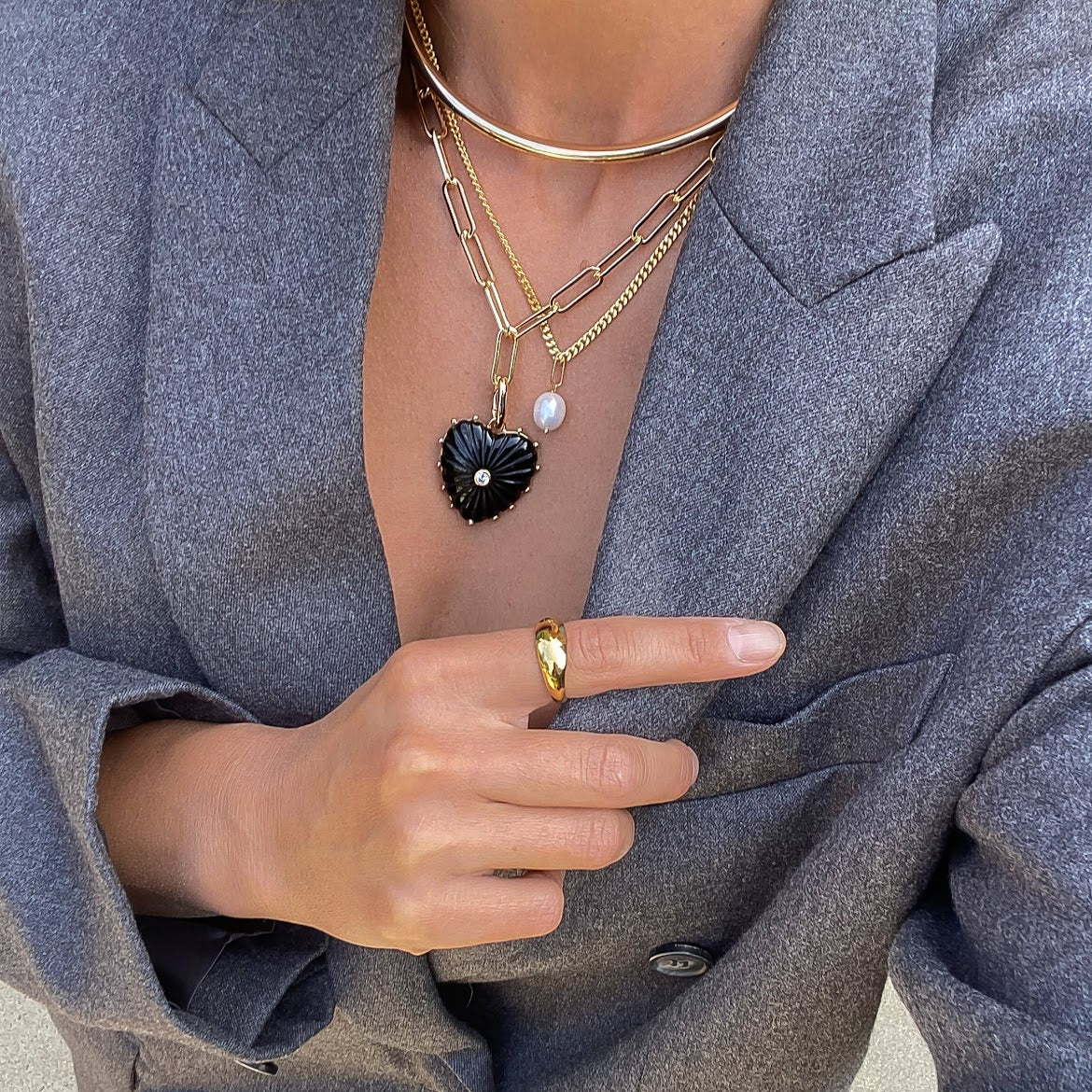 Onyx Heart Charm with CZ and Push Clip