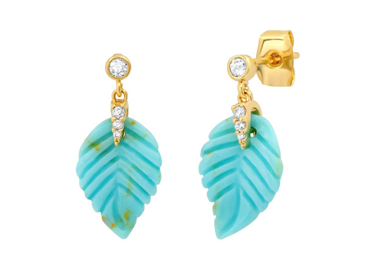 Turquoise Leaf Stud Earrings with CZ's.