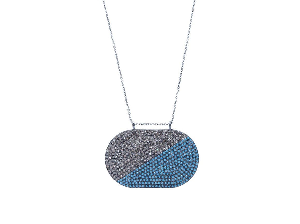 SS, Turquoise, and Diamond Elongated Oval Dog Tag Necklace