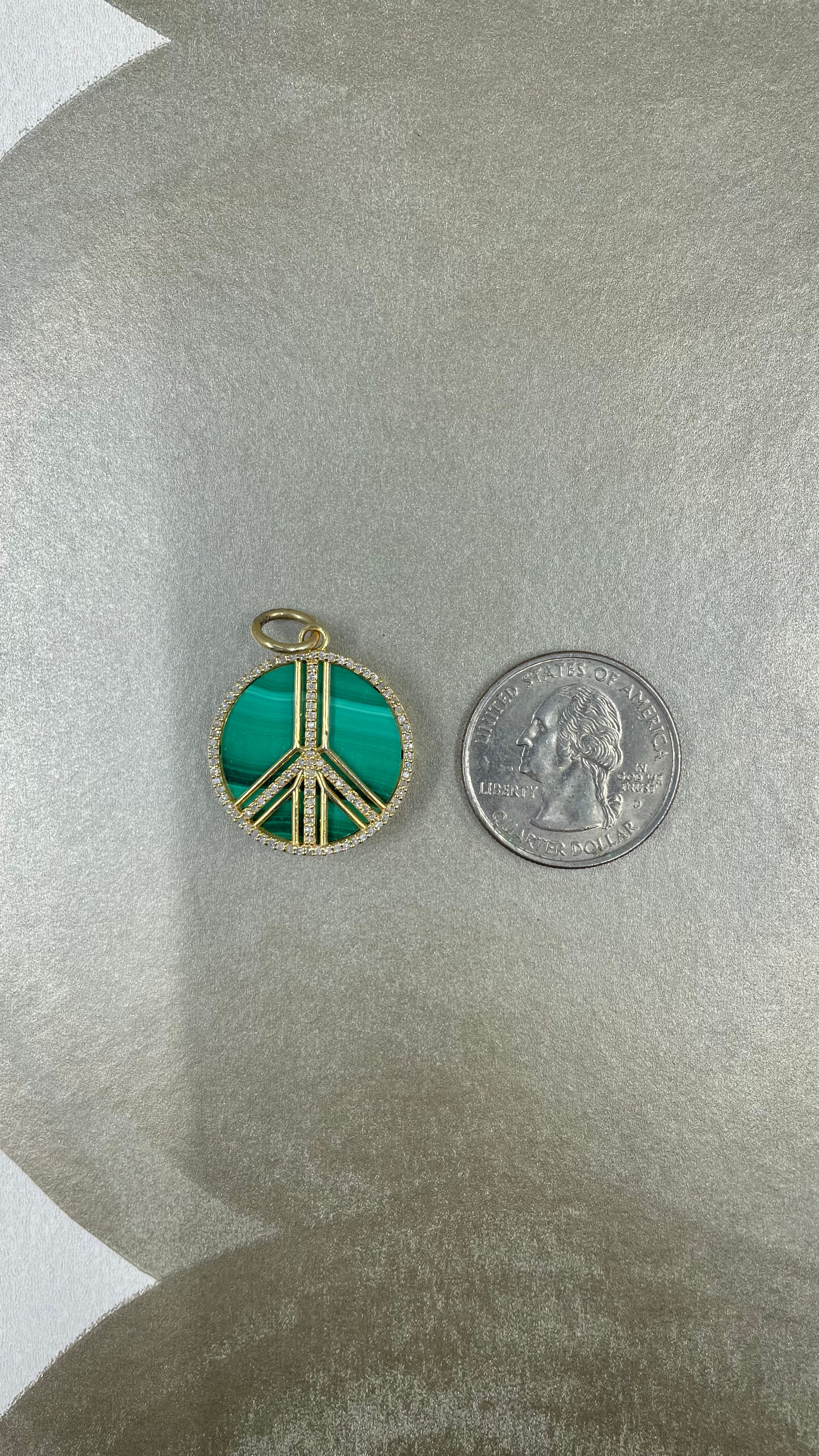 14k Malachite and Diamond Peace Sign Charm