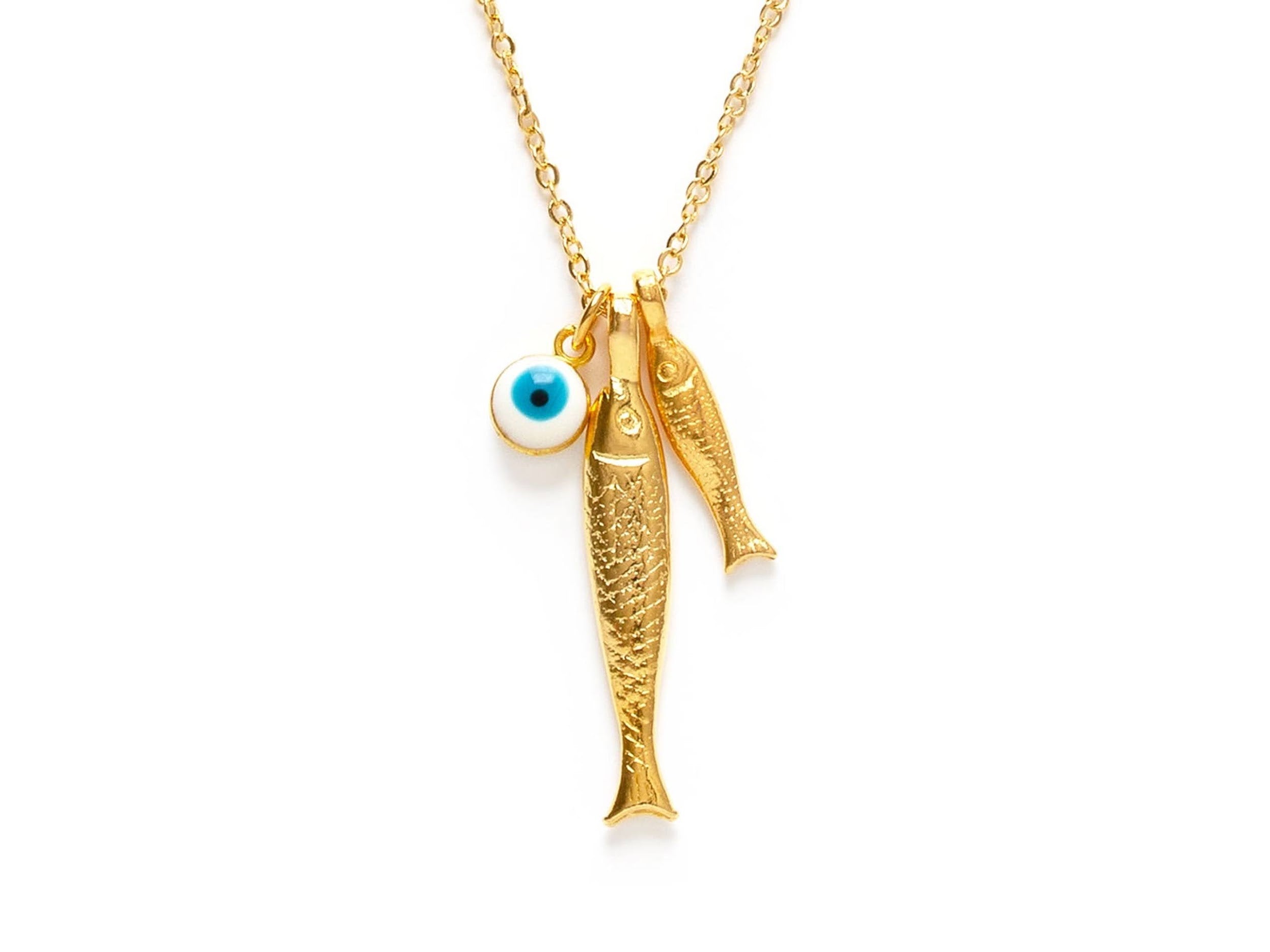 Double Fish and Evil Eye Charm Necklace