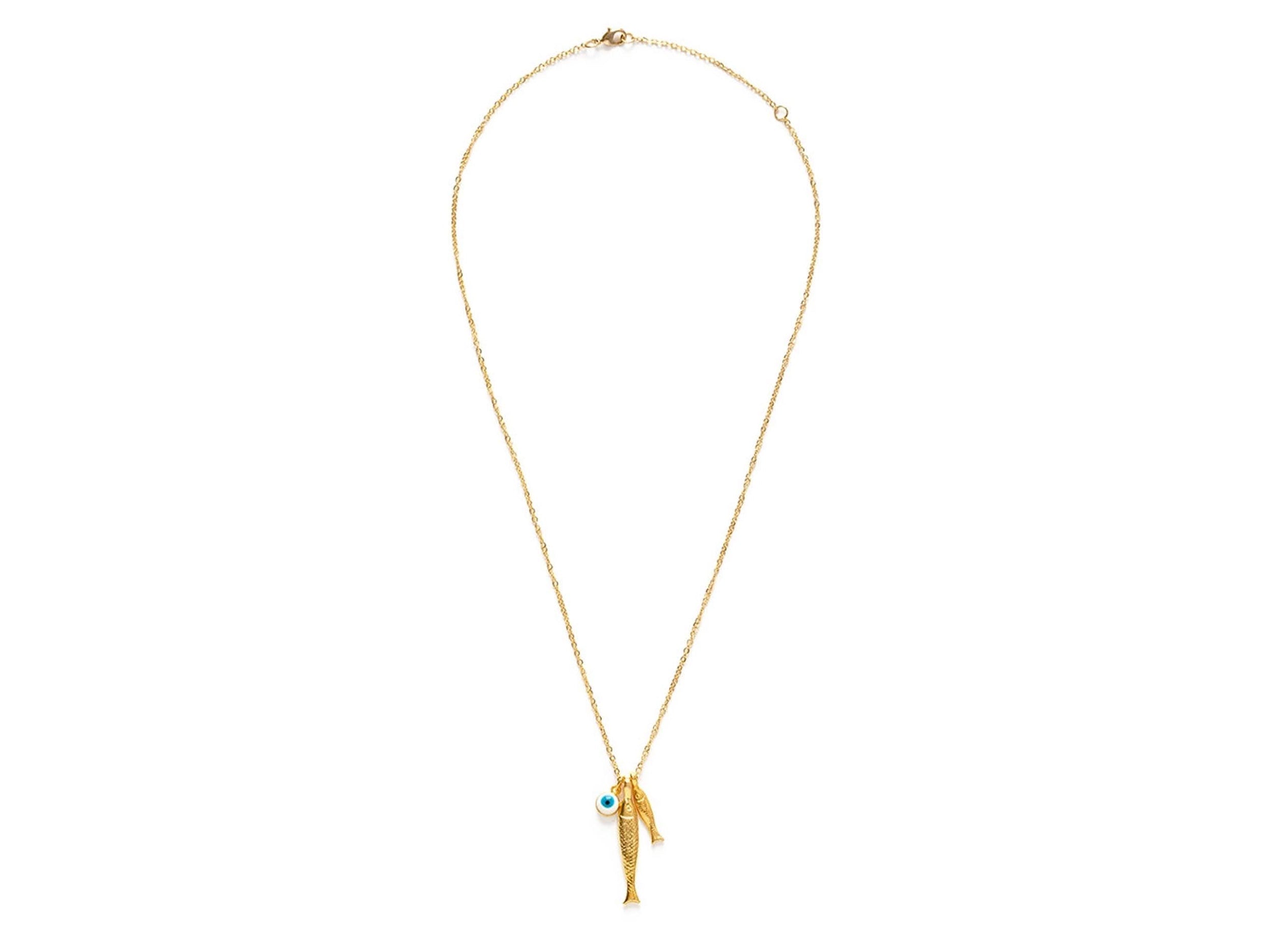 Double Fish and Evil Eye Charm Necklace