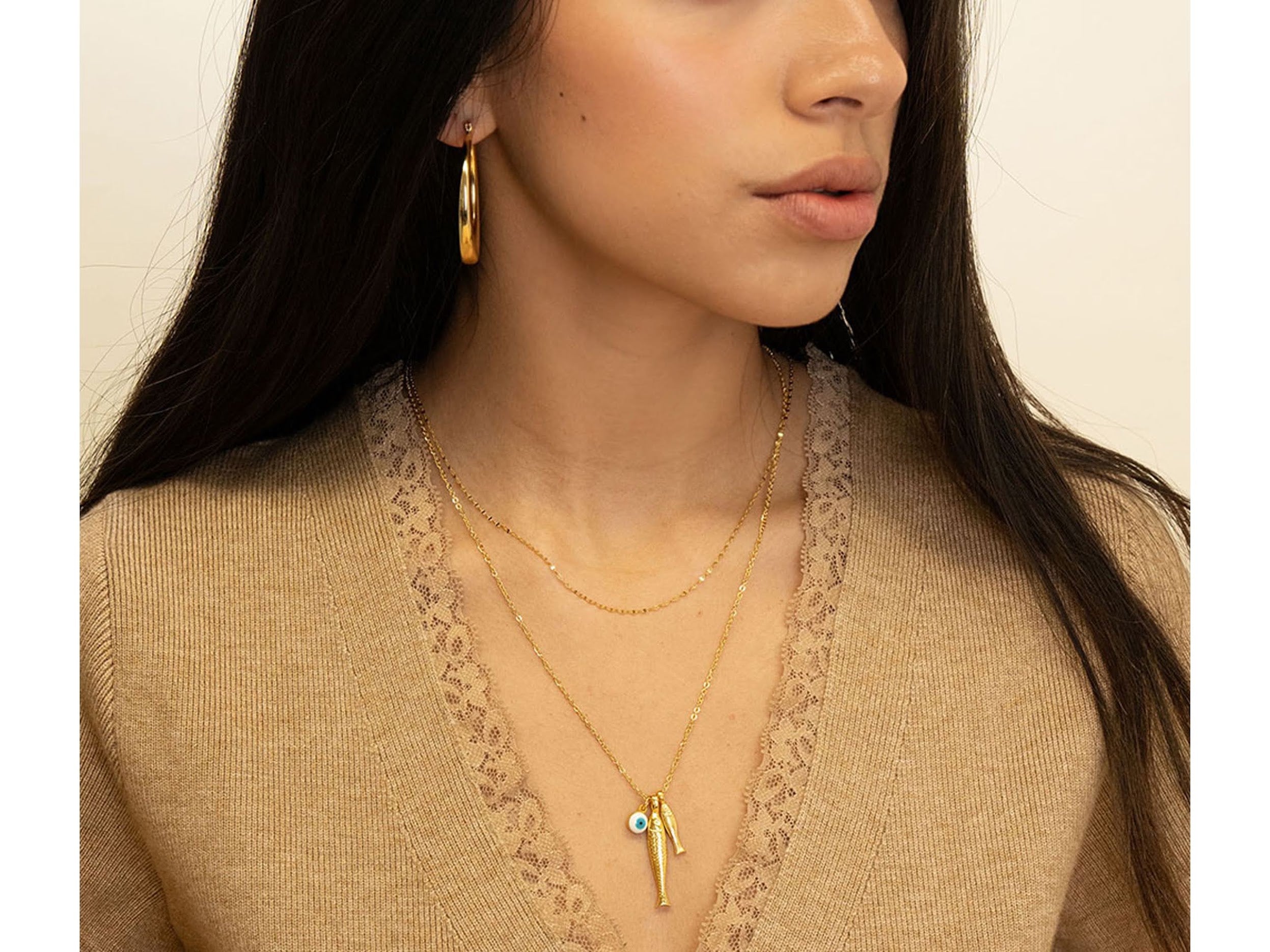 Double Fish and Evil Eye Charm Necklace