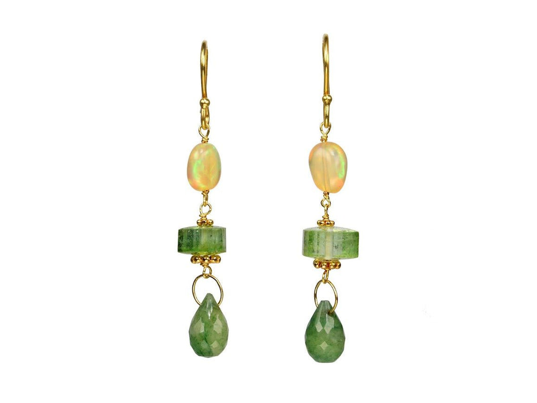 18k Single Ball Earrings with Opals, Tourmaline,  and Emeralds