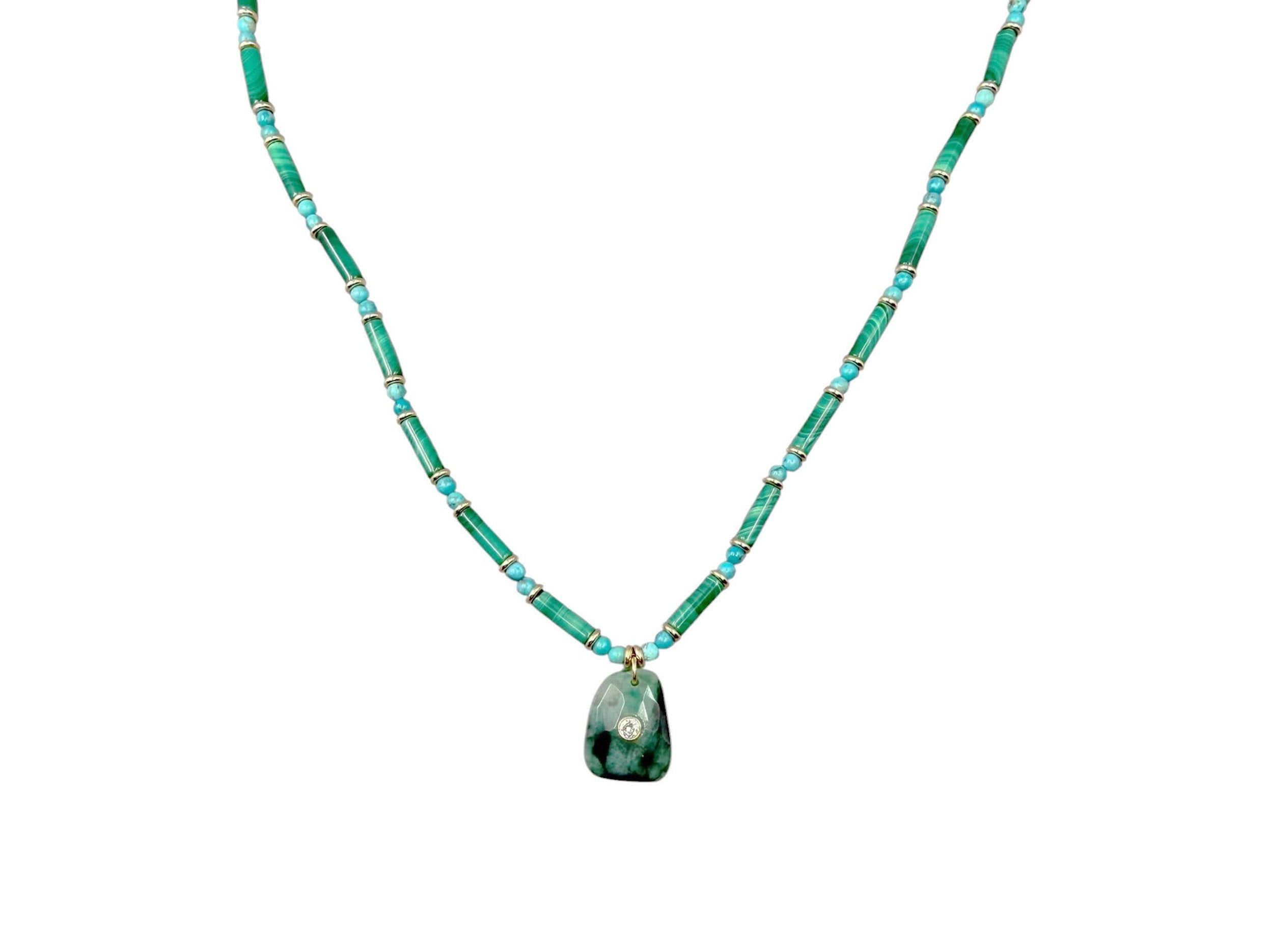 Malachite and Turquoise Necklace with Emerald Charm