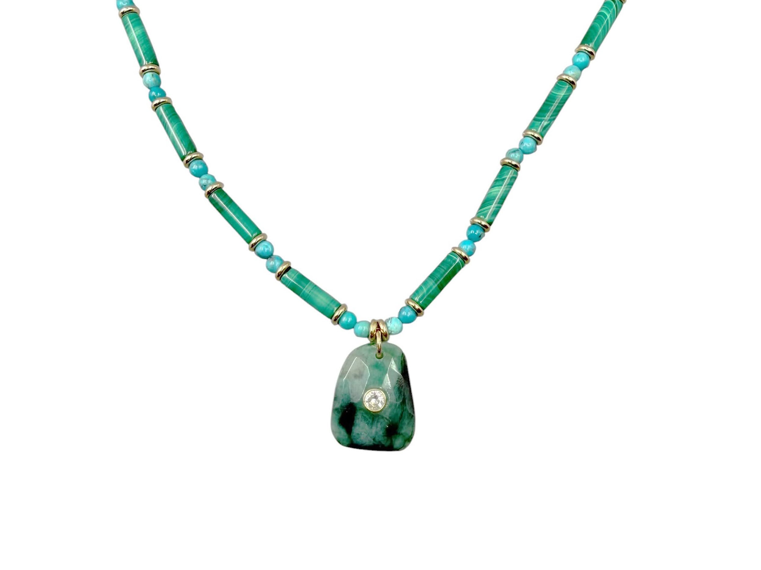 Malachite and Turquoise Necklace with Emerald Charm