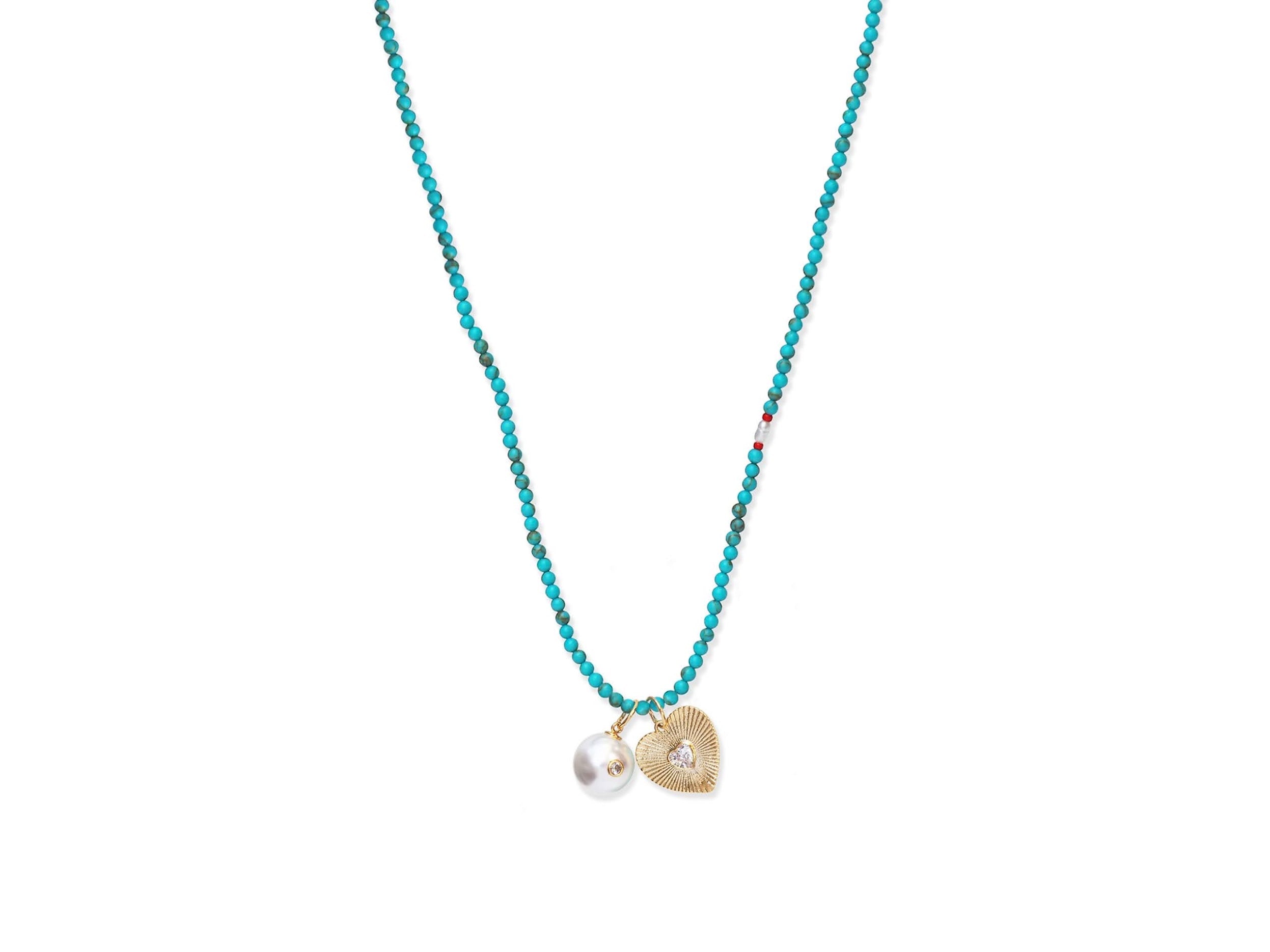 Turquoise Bead Necklace with Heart Charm and Pearl