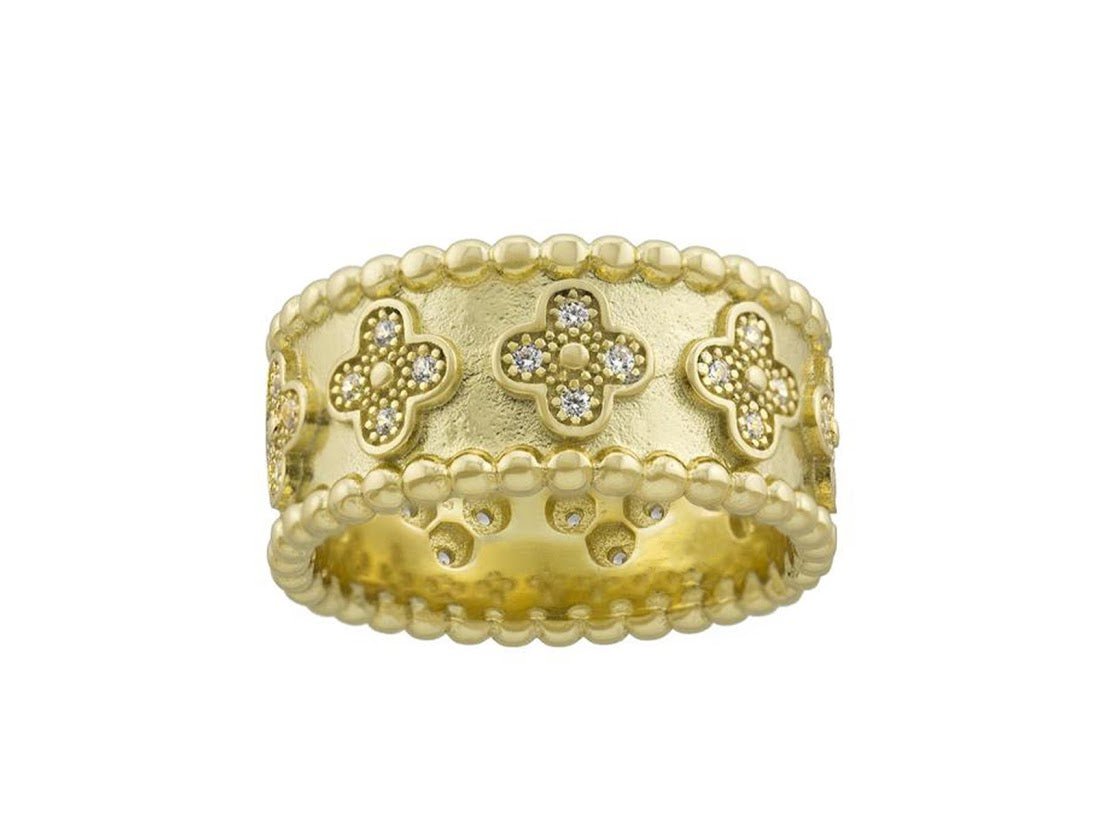 Band with CZ Clovers and Beaded Edges