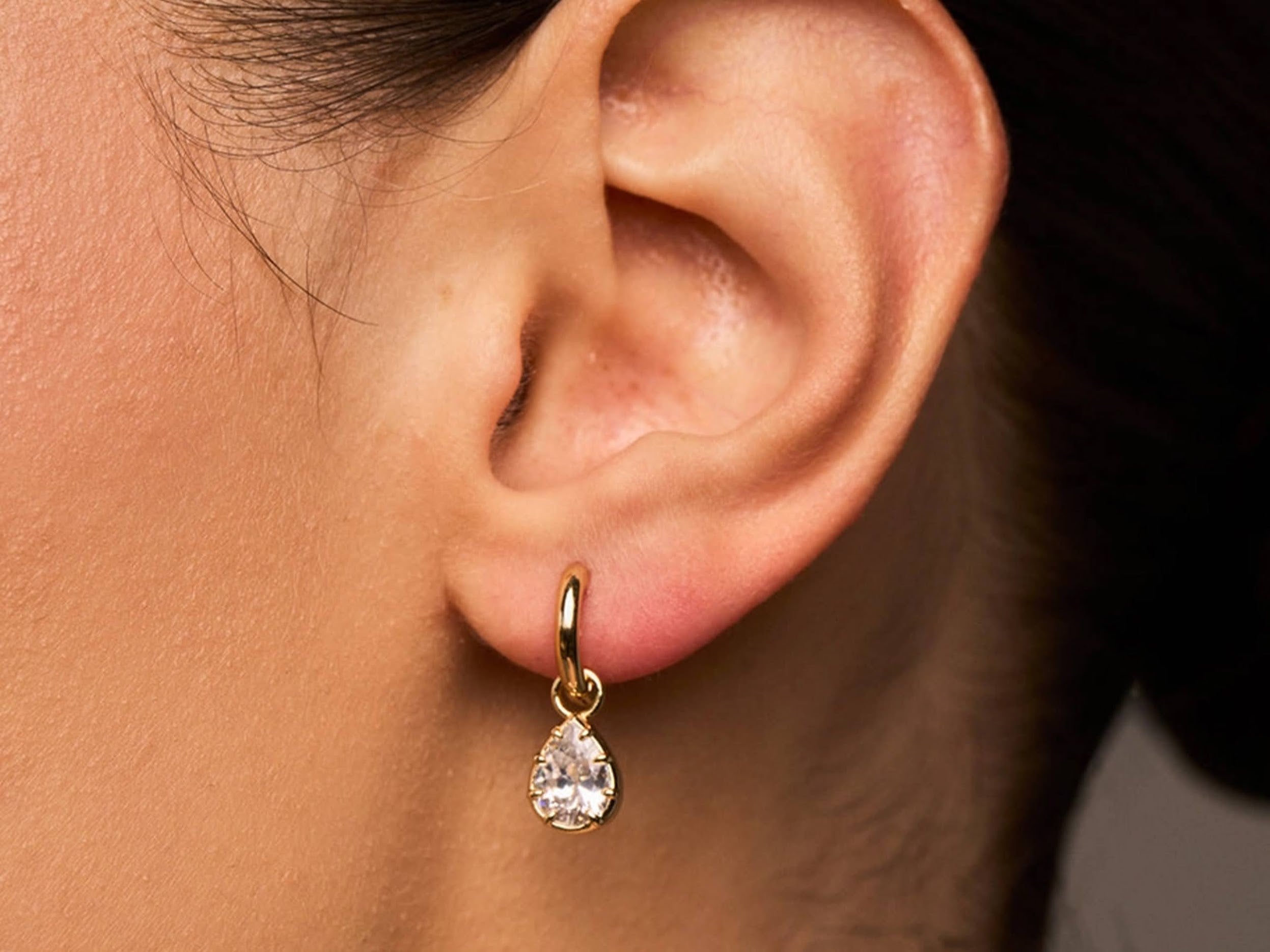 Gold Huggie Hoops with Pear-Shaped CZs