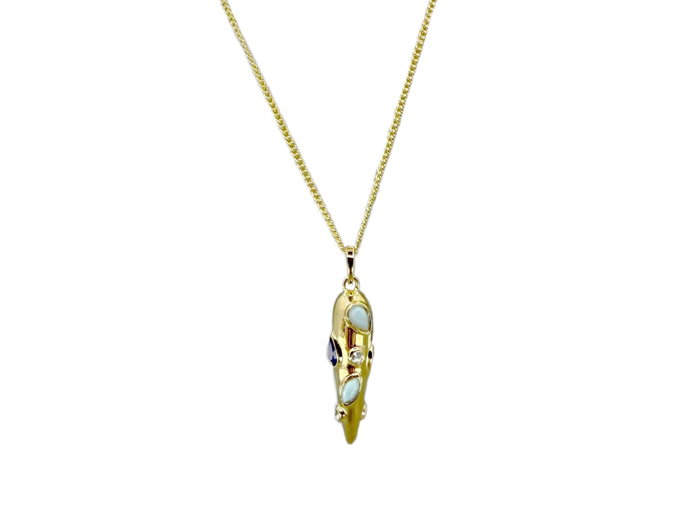Gold Necklace with Lapis, Larimar, and White Topaz Pendulum Charm
