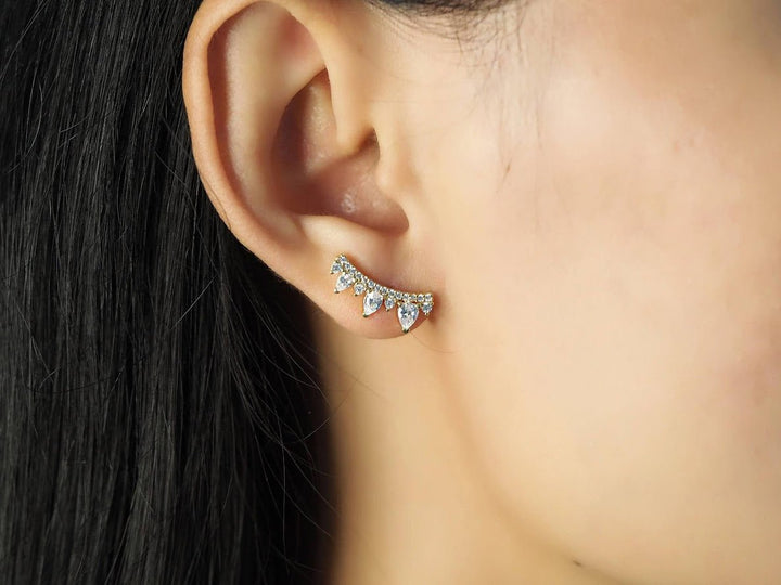 Gold Climber Earrings with Pear-Shaped CZs