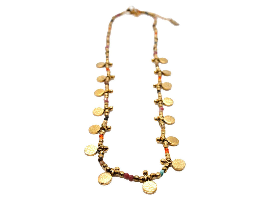 Gemstone Bead Necklace with Gold Discs