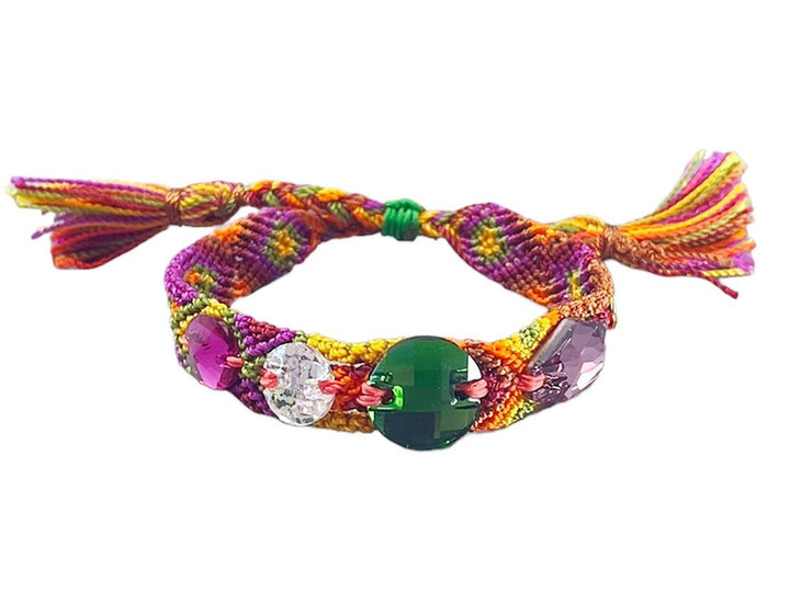 Handwoven Bracelet with Purple, Orange, Olive, and Yellow Crystals