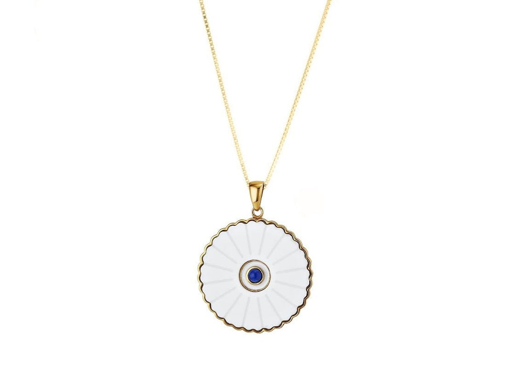 White Agate Sunflower Pendant with Lapis Necklace