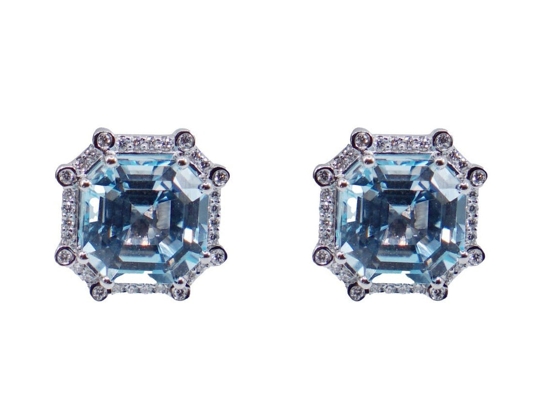 18k Asscher-Cut Blue Topaz and Diamond Studs