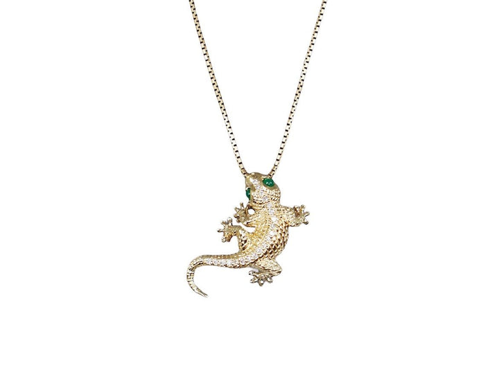 14k 1960s Diamond and Emerald Gecko Necklace