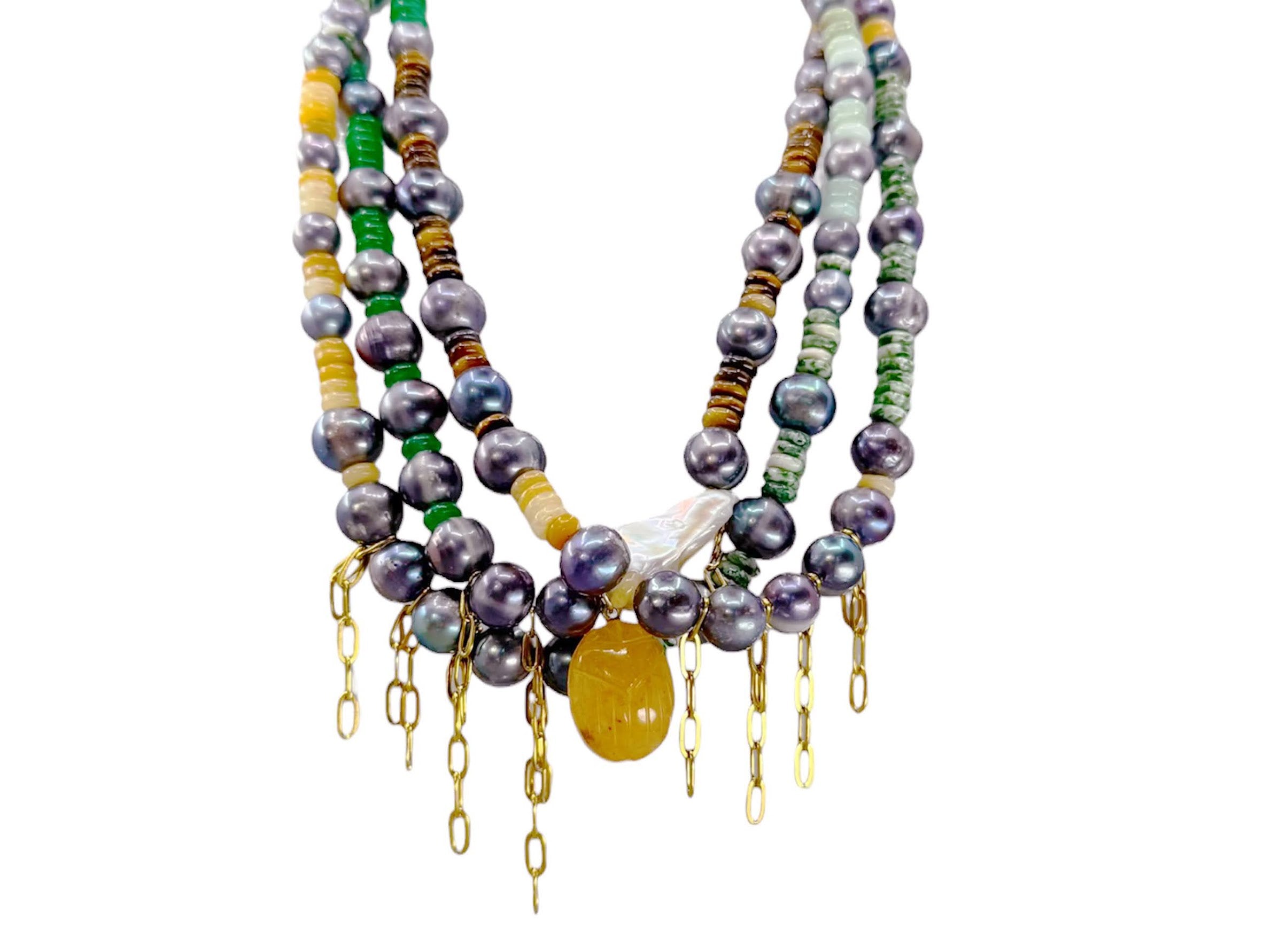 Triple Choker Necklace with Baroque Pearl and Scarab Charm