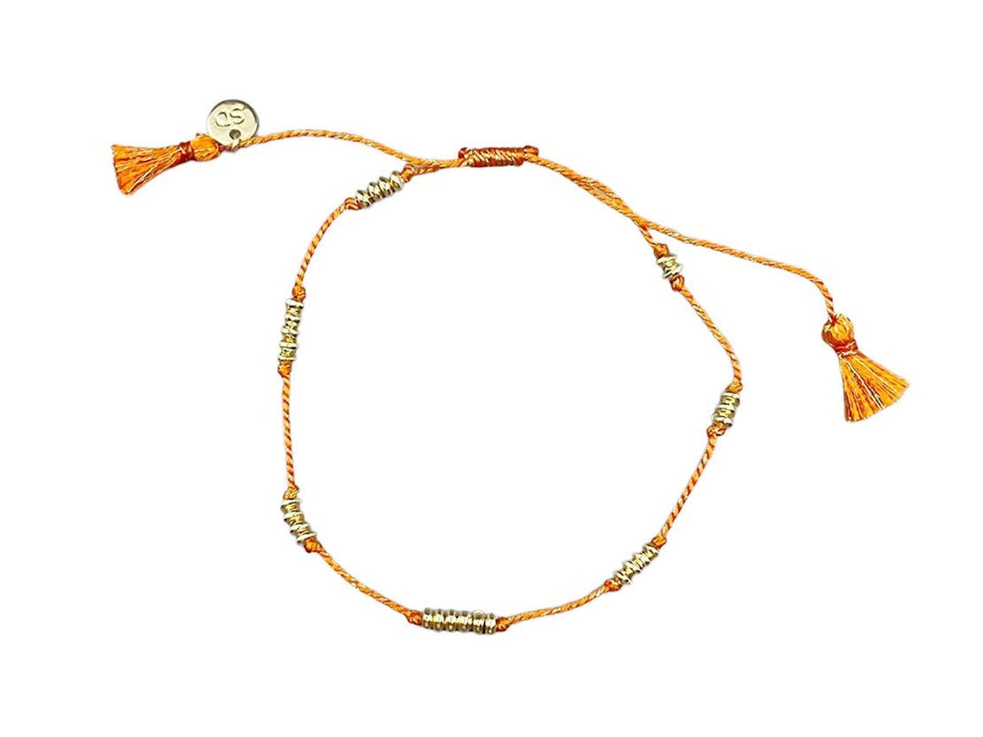 Orange Thread Bracelet with Gold Disks and Tassels