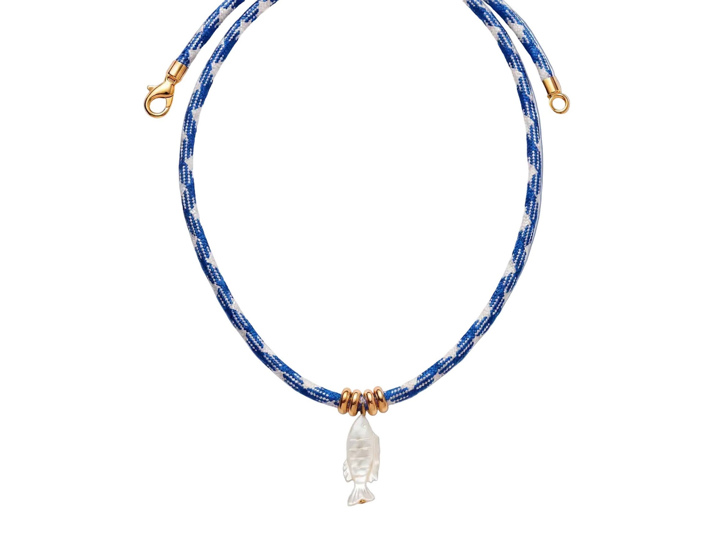 MOP Fish Charm on Blue Cord Necklace