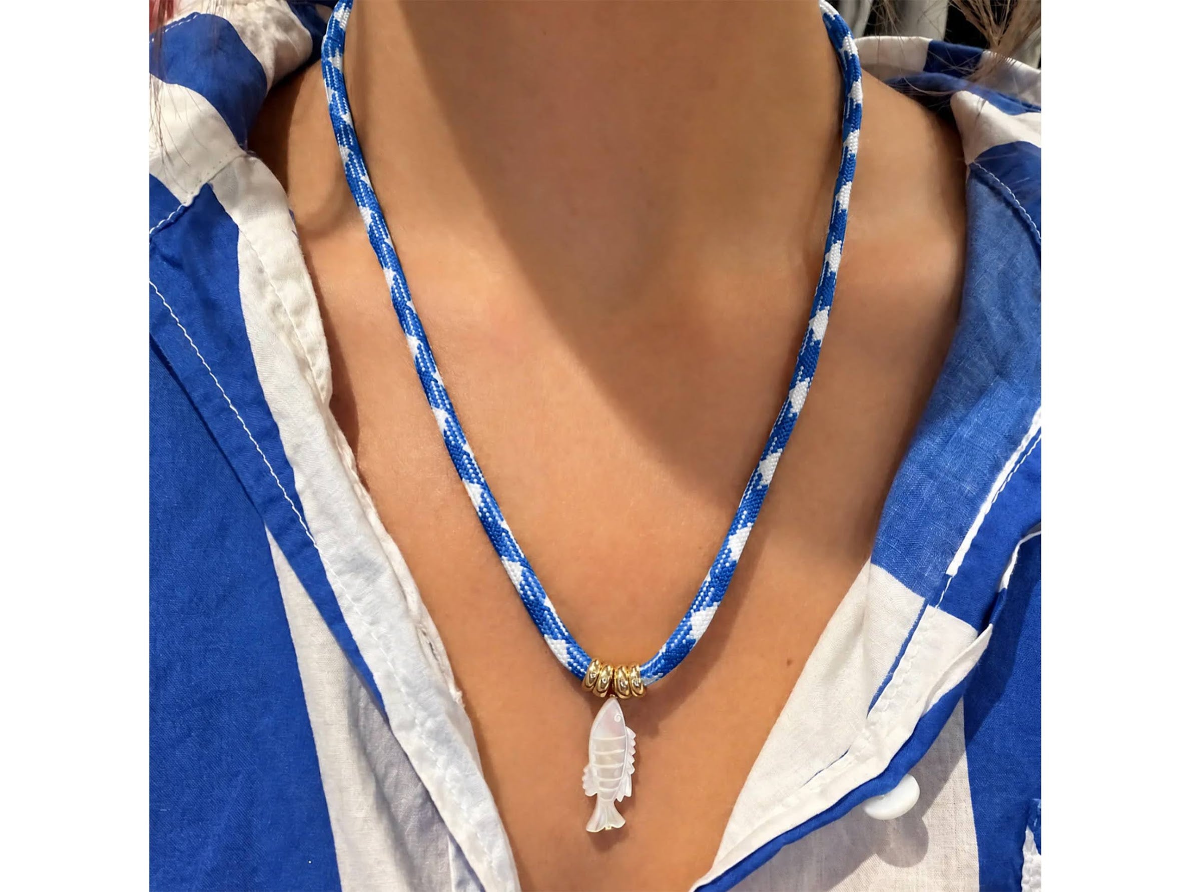 MOP Fish Charm on Blue Cord Necklace