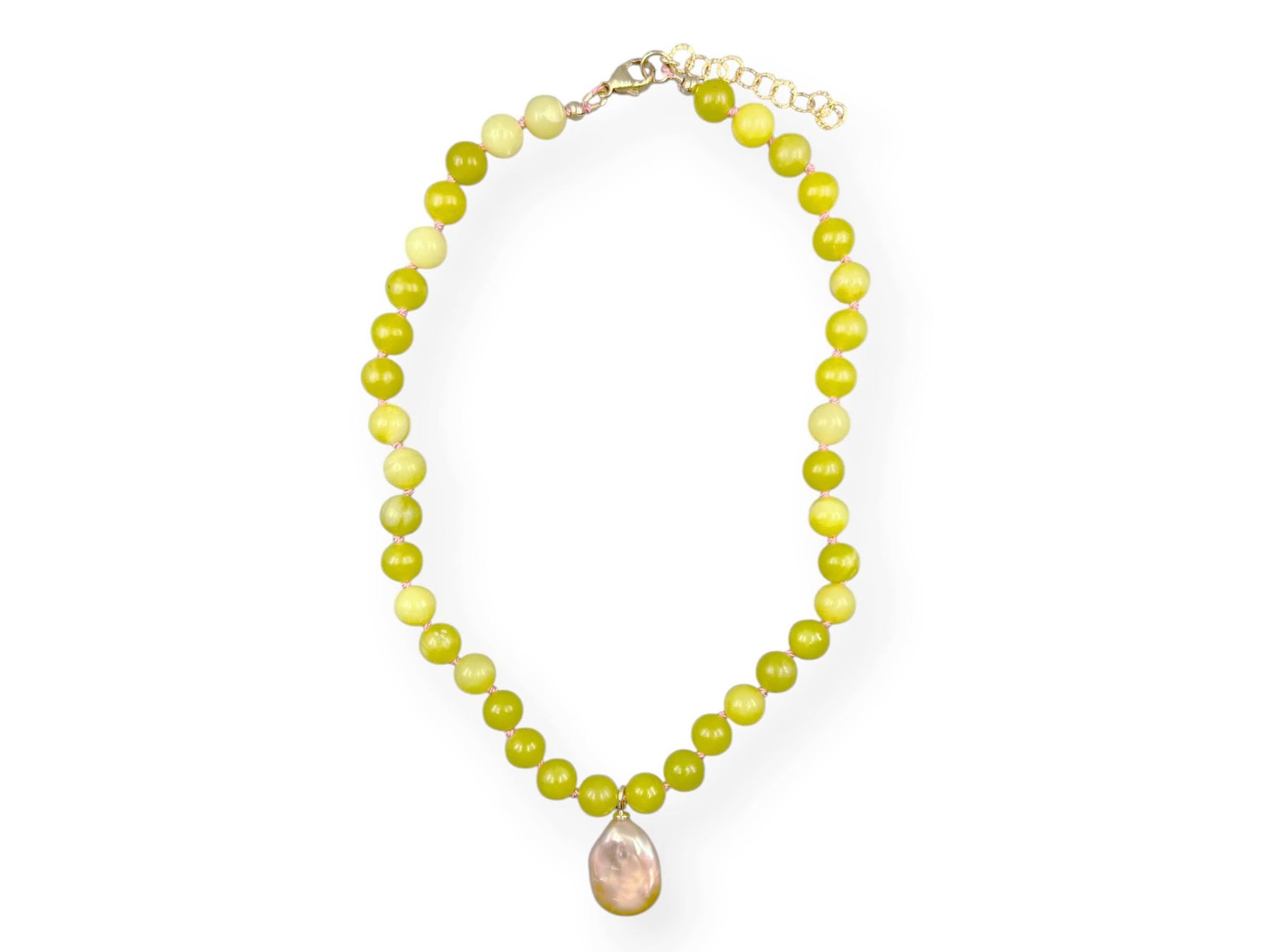 Shorter Round Lemon Jade Necklace with Pearl Necklace