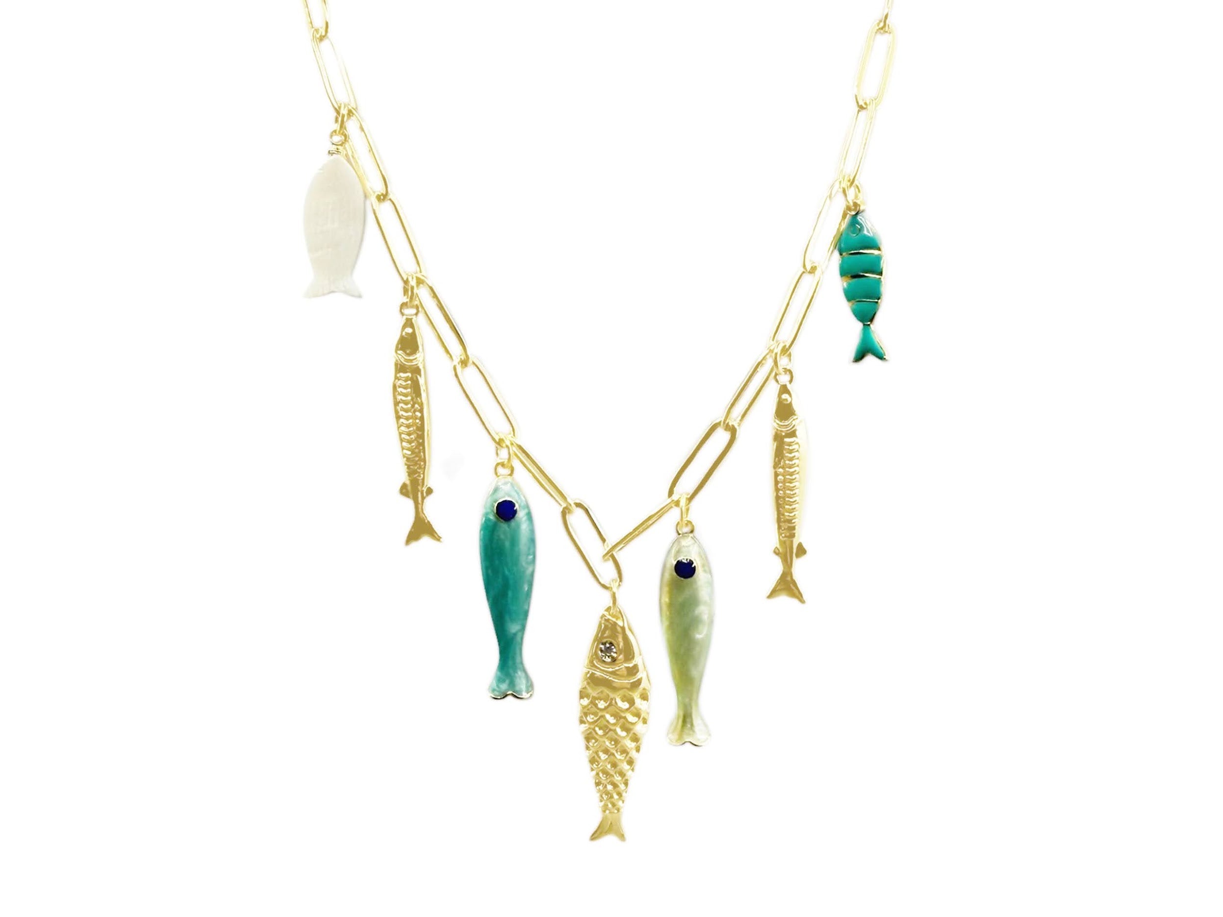 Gold Link Necklace with Multiple Fish Charms