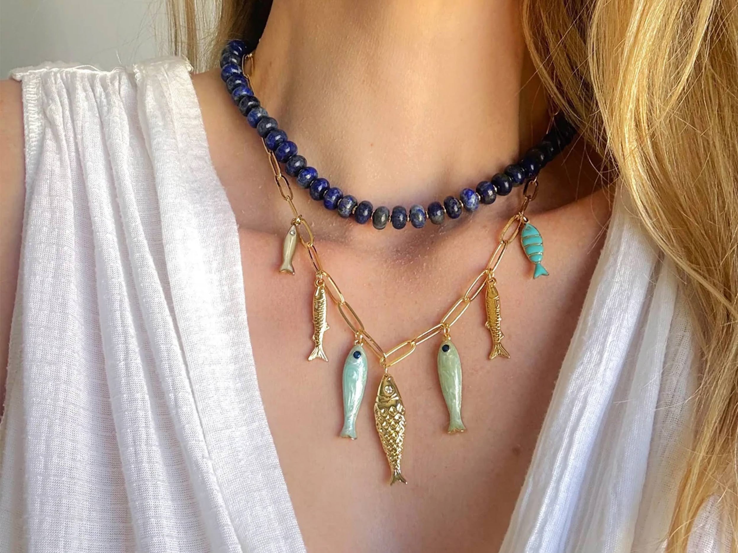 Gold Link Necklace with Multiple Fish Charms