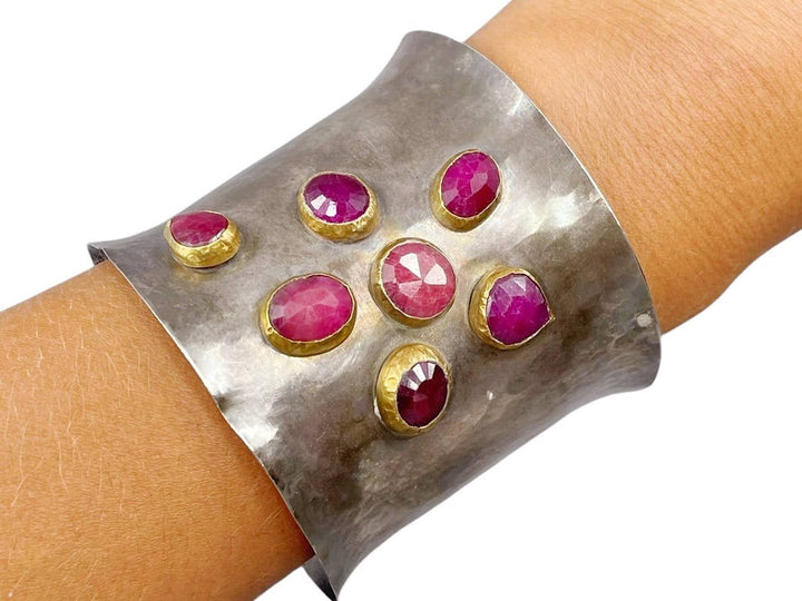 Vintage Oxidized Silver Cuff with Rubies
