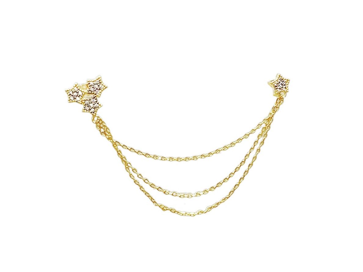 Gold Four Star Triple Chain Earring