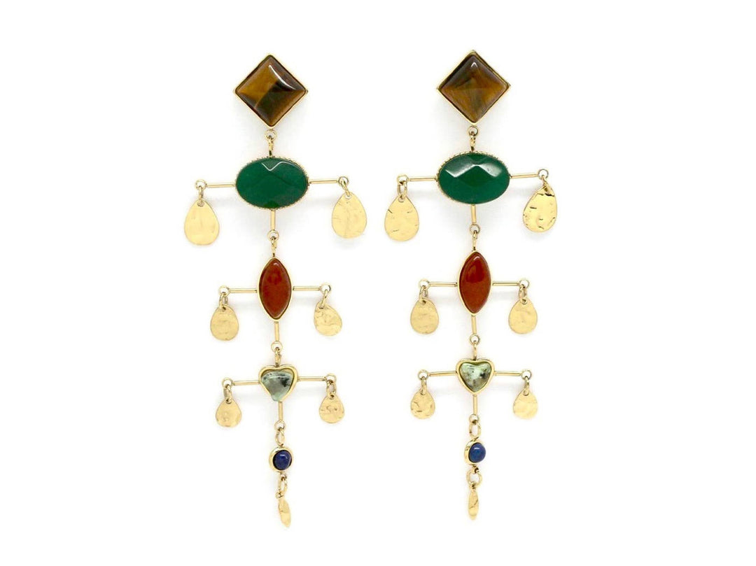 Gemstone and Gold Discs Drop Earrings