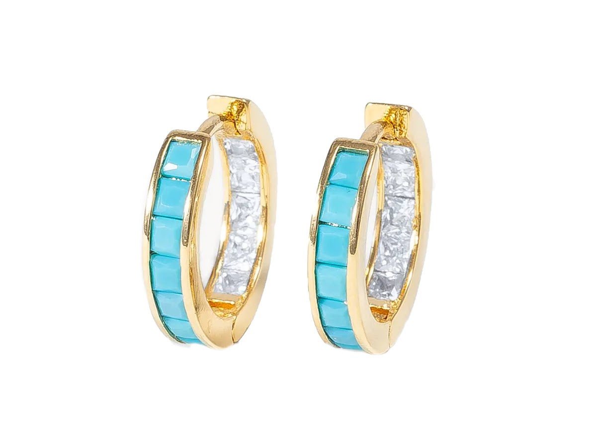 Gold Huggies with Turquoise and Clear Crystals