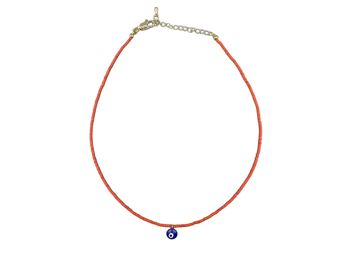 Orange Glass Bead Choker with Evil Eye