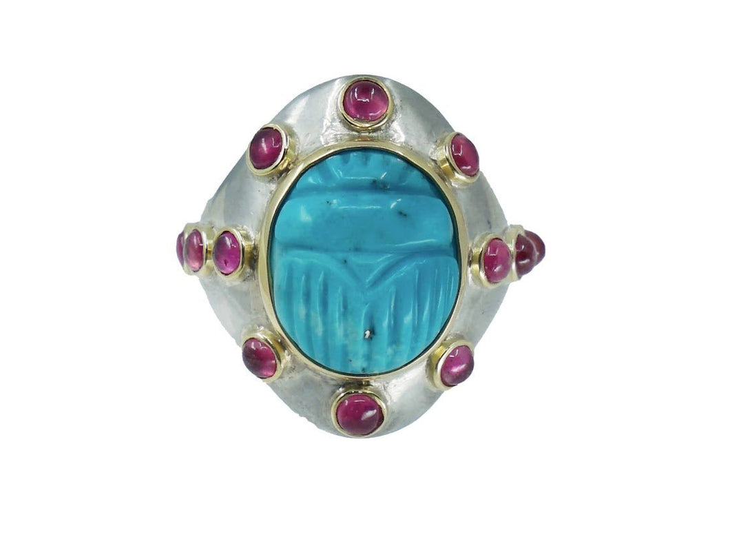 SS/10k Gold Turquoise Scarab Ring with Rubies